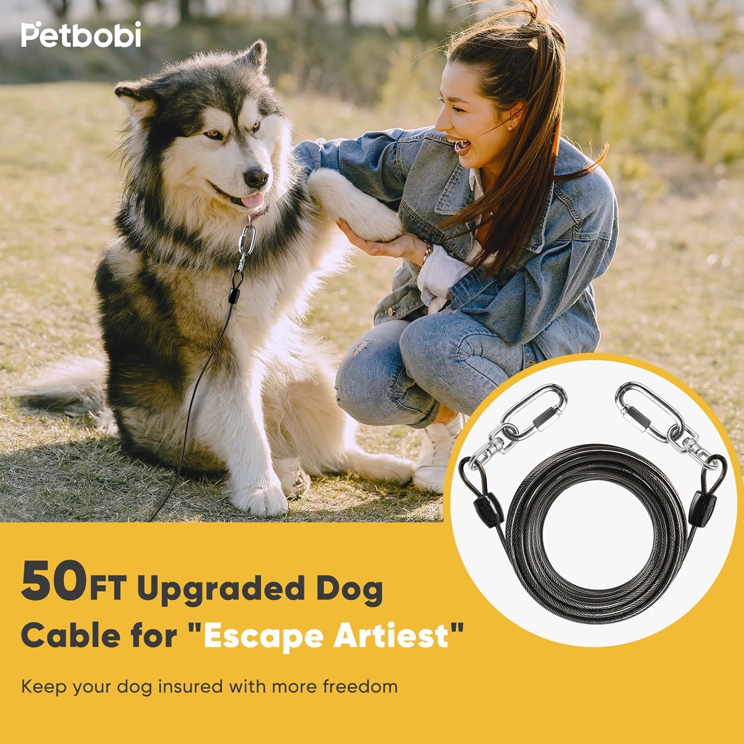 Petbobi Heavy-Duty Dog Tie-Out Cable - 50FT Extra Strong Wire Cable for Large Pets Up to 300Lbs, Rust Proof Dogs Leash with Carabiners and 360° Swivel, Pet Leads for Yard Camping Outside, Black