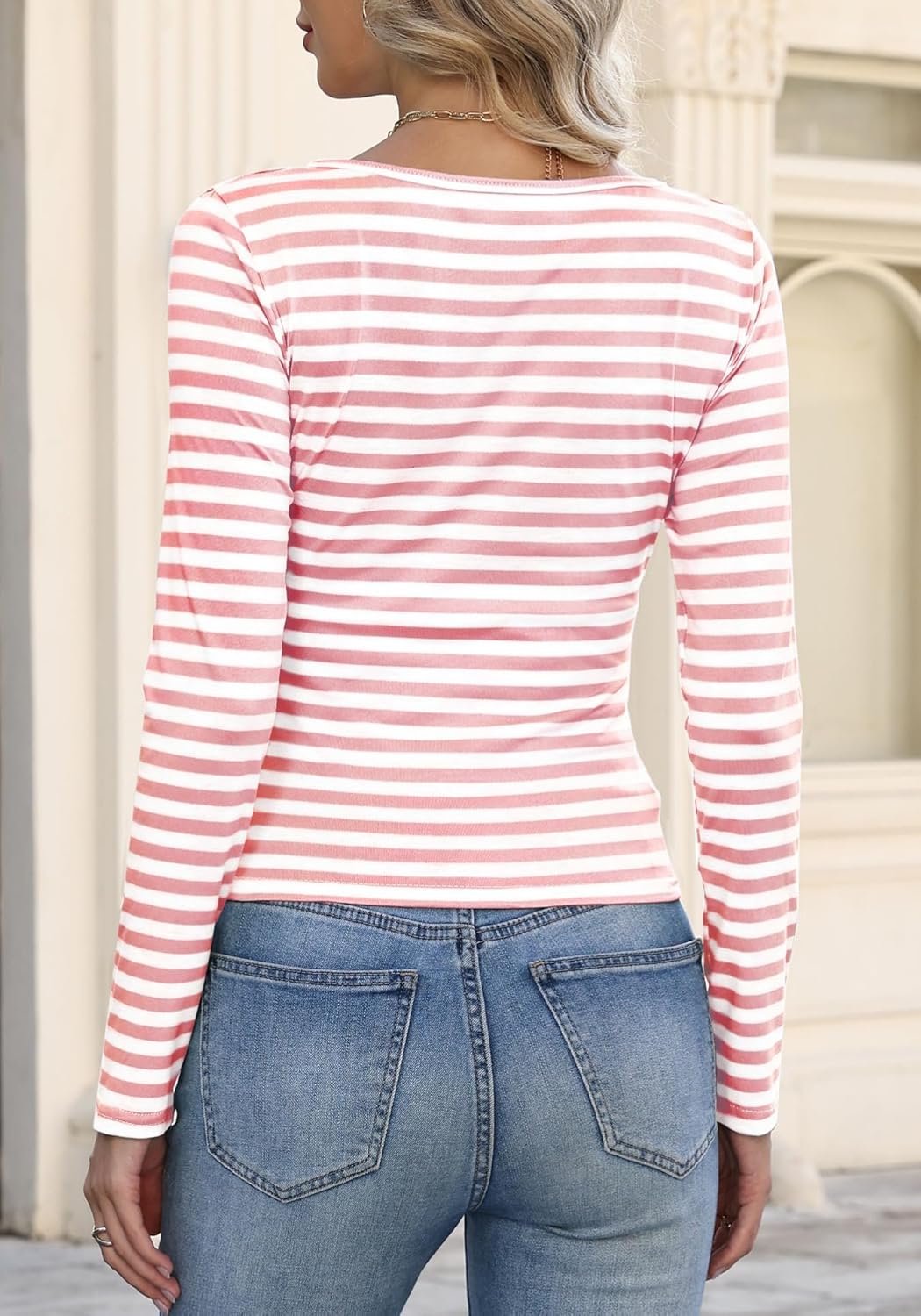 Womens Slim Fit Striped Scoop Neck Cropped Tops Button Henley Shirts Blouse Summer Clothes Fashion Outfits - Image 3