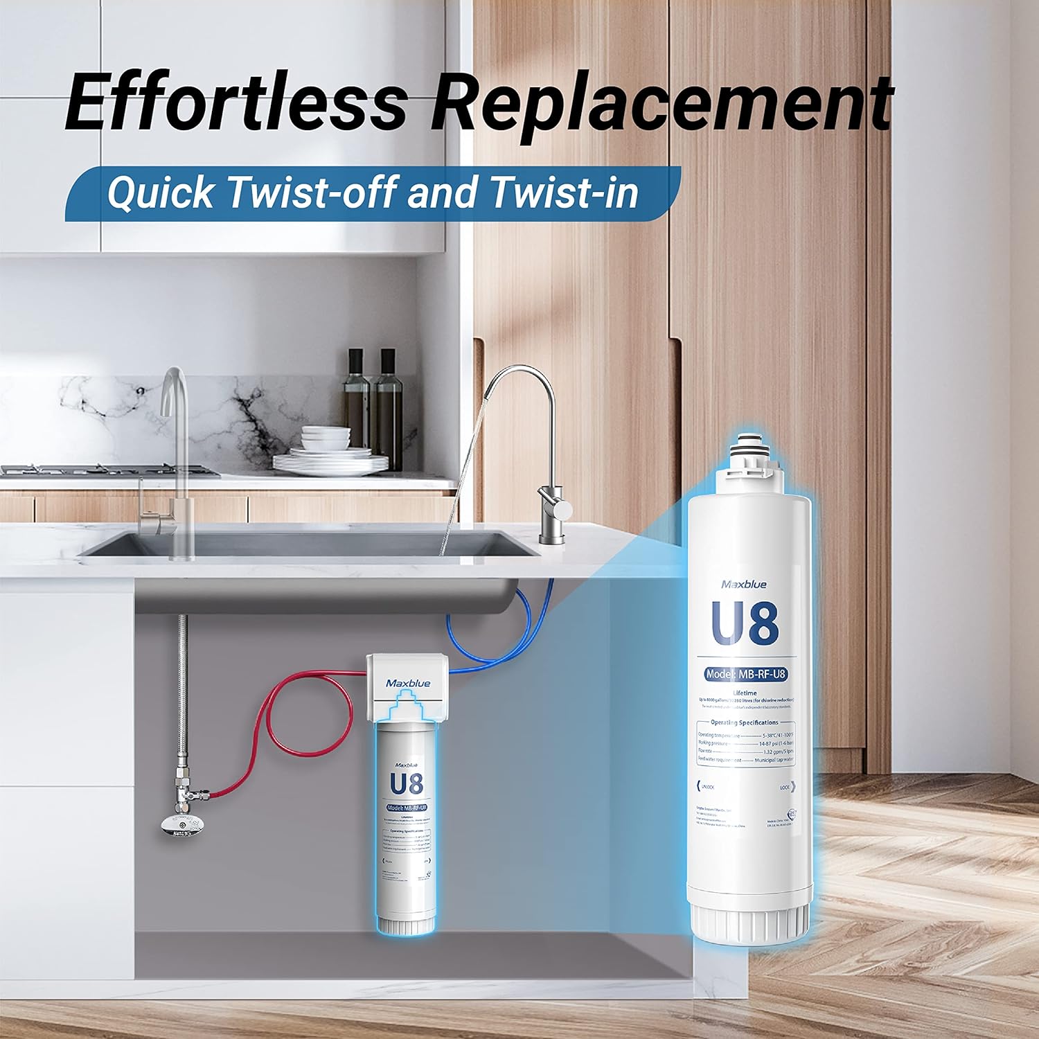 Maxblue RF-U8 Replacement Water Filter, Replacement for Maxblue U8-ST & U8-FC Under Sink Water Filtration System, 2 Years High Capacity
