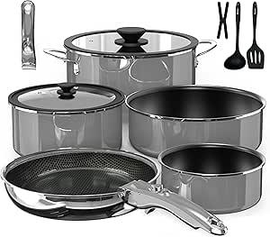 Pro DUXANO Ceramic Pots and Pans Set & Upgraded Hybrid 3-Ply Stainless Steel Frypan, 12-Piece