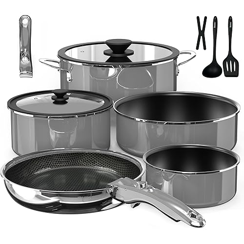 Pro DUXANO 12PC Nonstick Pots and Pans Set&Hybrid 3-Ply Stainless Steel Skillet, High Heat Sear&Fry, 2-Layer Ceramic Induction Cookware, 9H Scratch-Resistant&Anti-Warp,PFAS Free,All Cooktop/Dishwasher