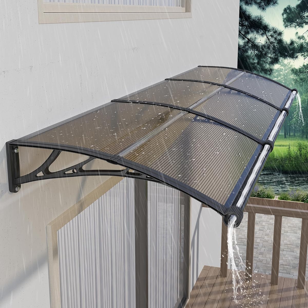 40 * 120" Window Door Awning Exterior with Large Drainage Gutter, UV/Rain/Snow Protection Polycarbonate Hollow Sheet Overhang Canopy, Outdoor Awnings for Door Entrance Patio/Porch/Deck Brown