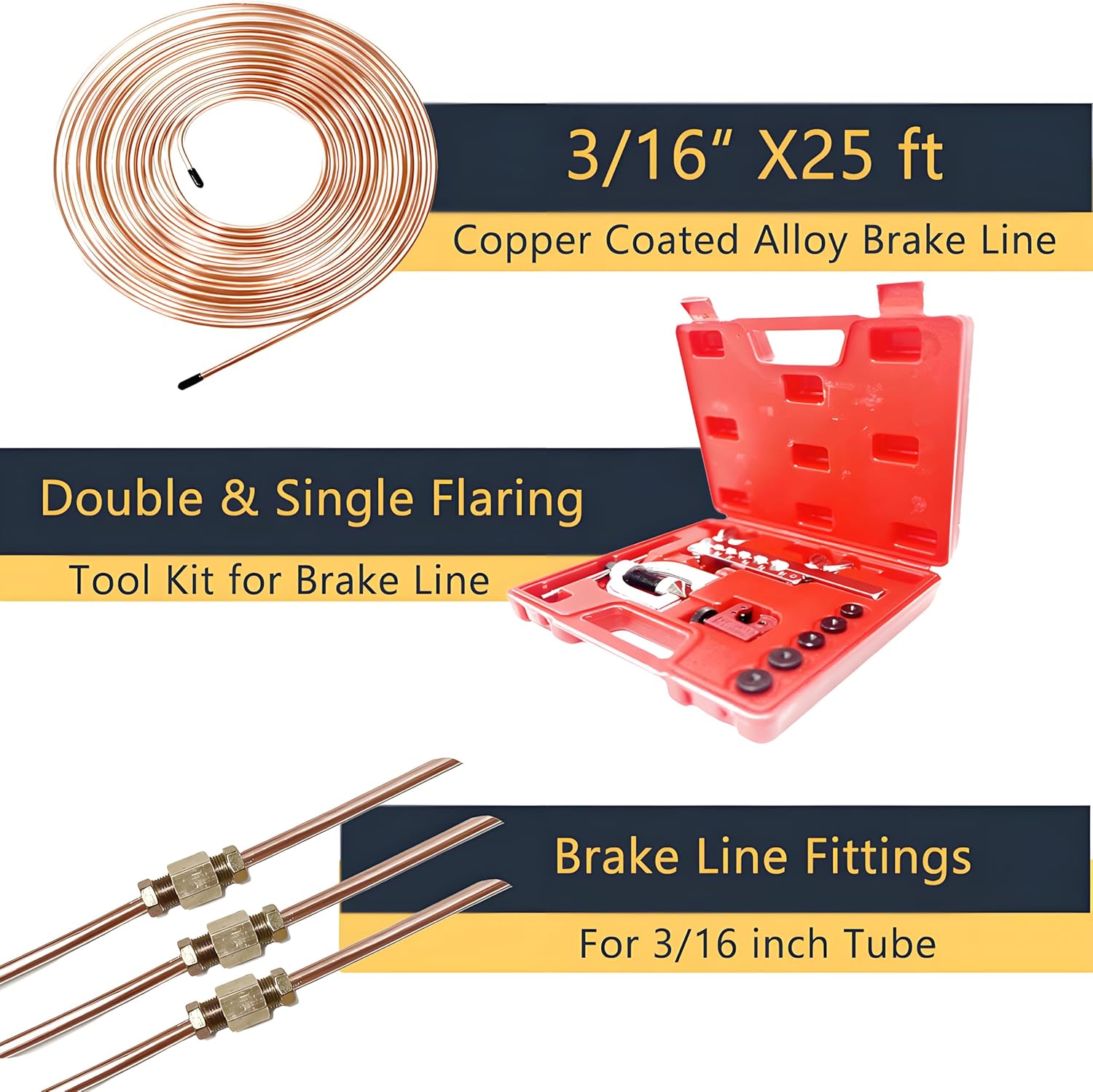 Professional Brake Line Flaring Tool Kit (3/16"-1/2") + 25ft Copper-Coated Steel Line - Double/Single Flare Tool with 16+4 Fittings, Cutter & Case for Automotive/HVAC