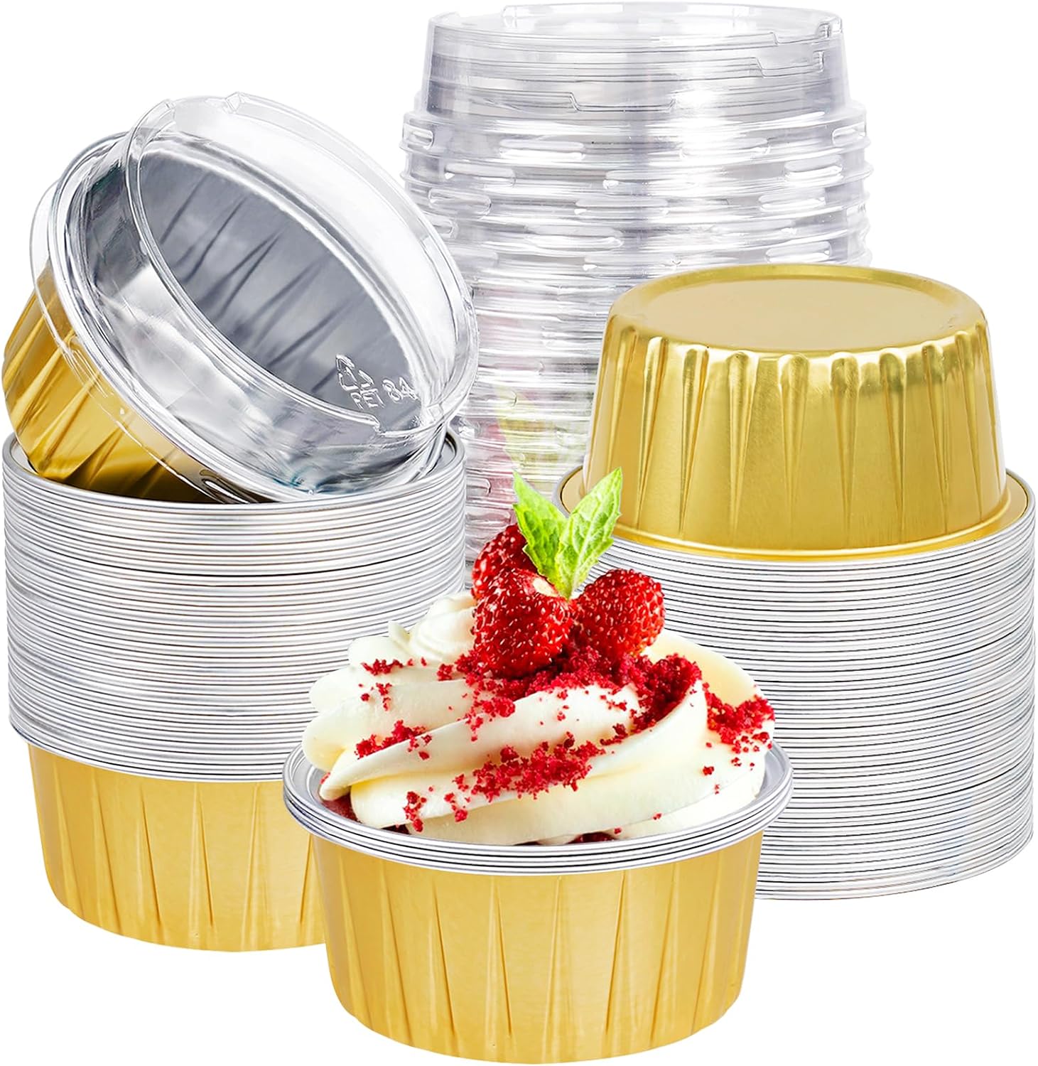 Pink Mini Cake Pans with Lids, Round, 5oz, 40Pack | Disposable, Aluminum Foil, Individual, Mini Cake Tins for Baking Dessert, for Halloween Christmas Halloween Party
