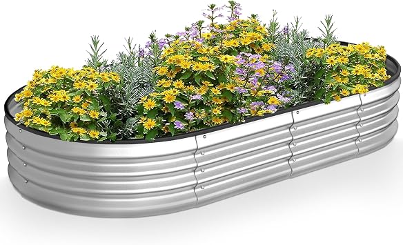 Crownland Outdoor Garden Metal Raised Garden Beds, Oval Galvanized Planter Box, Rubber Edge Guard, for Patio Growning Fresh Vegetables, Flowers, Herbs and Succulents8ft*4ft*1ft, Silvery