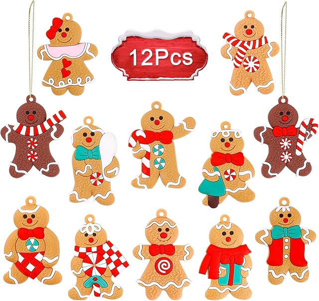 12Pcs Gingerbread Christmas Decorations Ornaments for Christmas Tree Hanging Decorations Ginger Man with Strings Figurine Hanging Ornaments for Xmas Tree