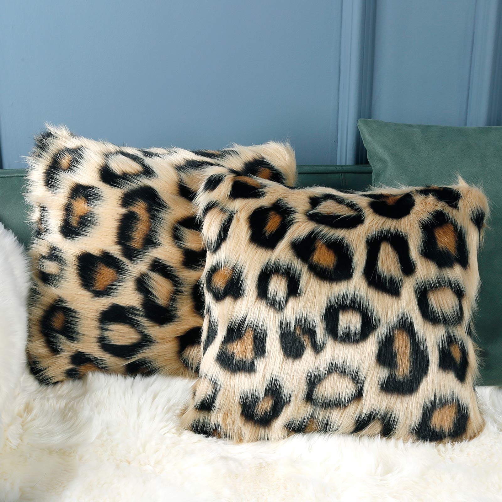 2 PIECE INSMEER 1PC True Leopard Print Pillow Case Decorative Faux Fur Leopard Pillow Covers Plush Shaggy Cheetah Pillow Cases for Bedroom Couch Sofa 18x18inch
