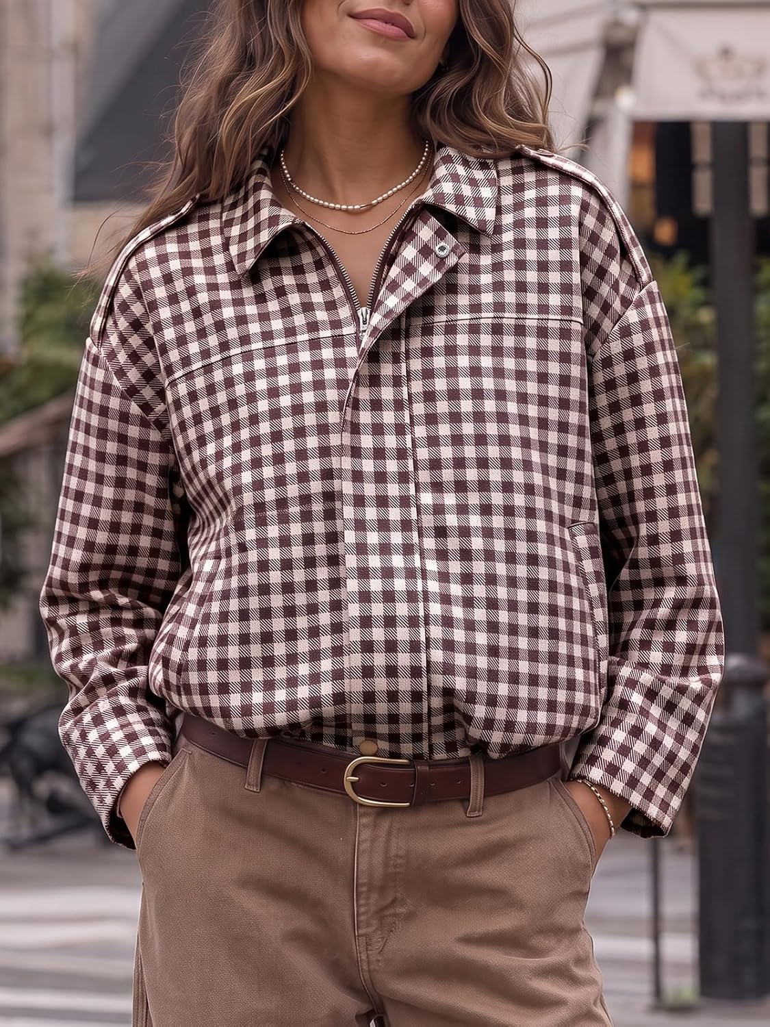 Fisoew Womens Zip Up Checkered Jackets Casual Collared Fall Cropped Coat image 4
