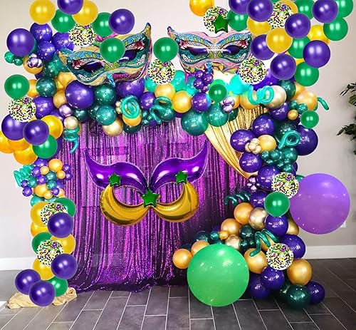 Miniatura 2 de Mardi Gras Balloon Garland Kit - 114 PCS Large Sized Mask Foil Balloons, Moon Star Foil Balloons for Birthday, Baby Shower, Masquerade, New Orleans