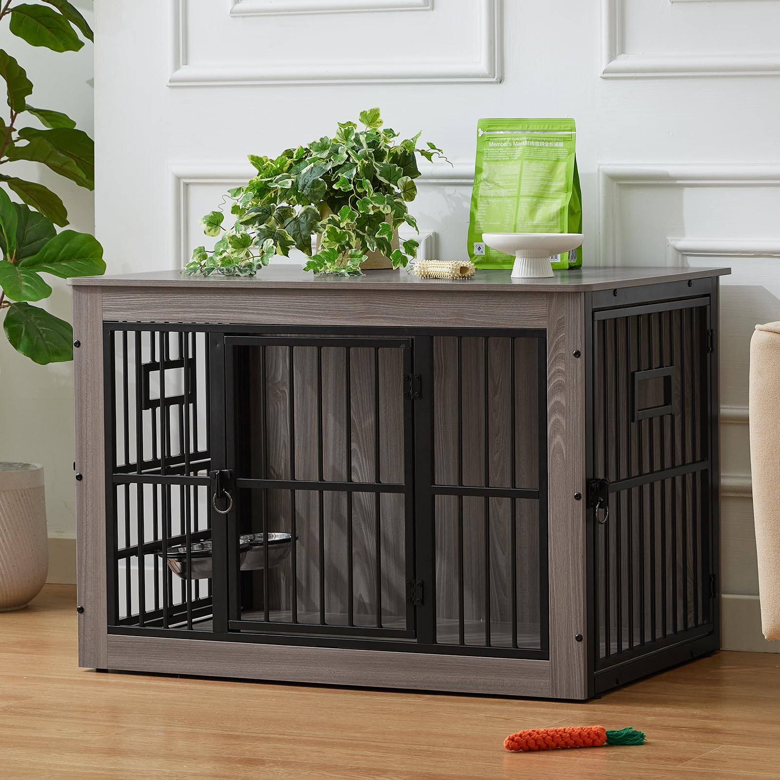 Gardner Pet Dog Crate Furniture,98 cm Heavy Duty Dog Cage,Three Door Wooden Dog Kennel Indoor End Side Table,with 360°Rotating & Adjustable Height Feeder 2 Bowls for Large Dogs,Rustic Grey
