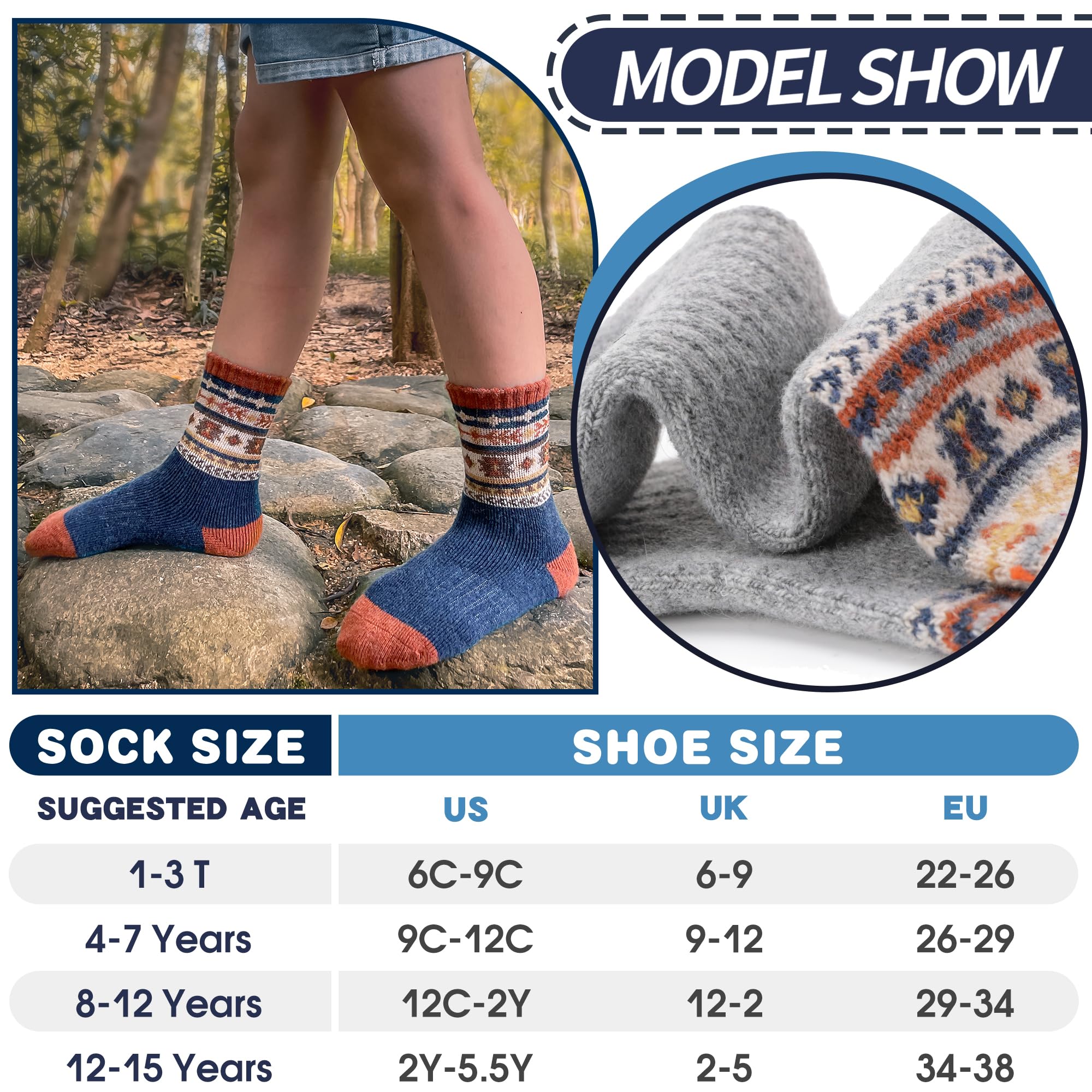 EBMORE Calcetines para Niños, Niñas, Calcetines de Merino, Calcetines de Senderismo, Calcetines Deportivos, Calcetines de Lana