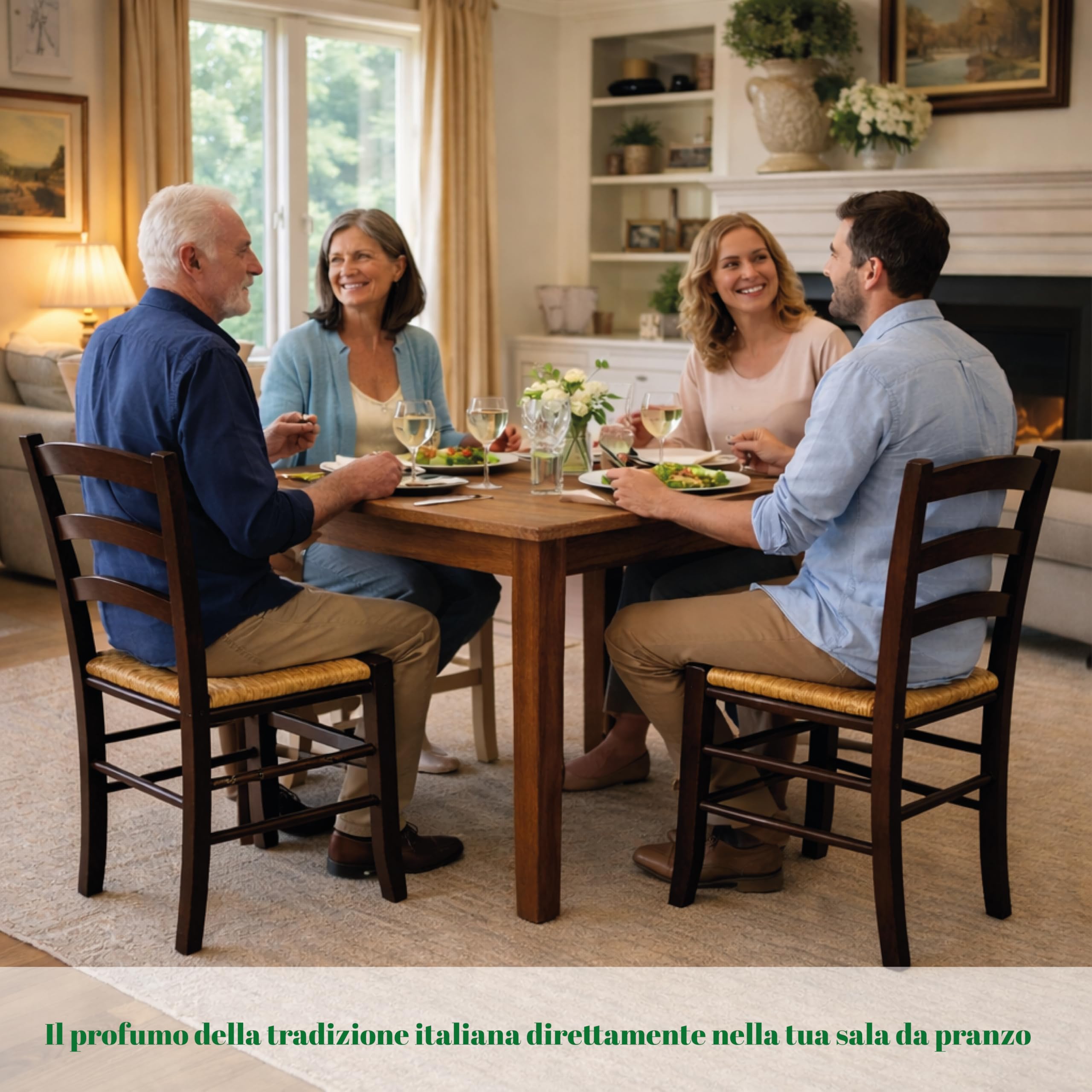 Set Sedie in Legno con Seduta in Paglia - Ampia, Compatta, Schienale Alto, Robusta, Paesana, Rustica, per Cucina, Agriturismo, Ristorante, Soggiorno - 45×45×88 CM (2, Noce)