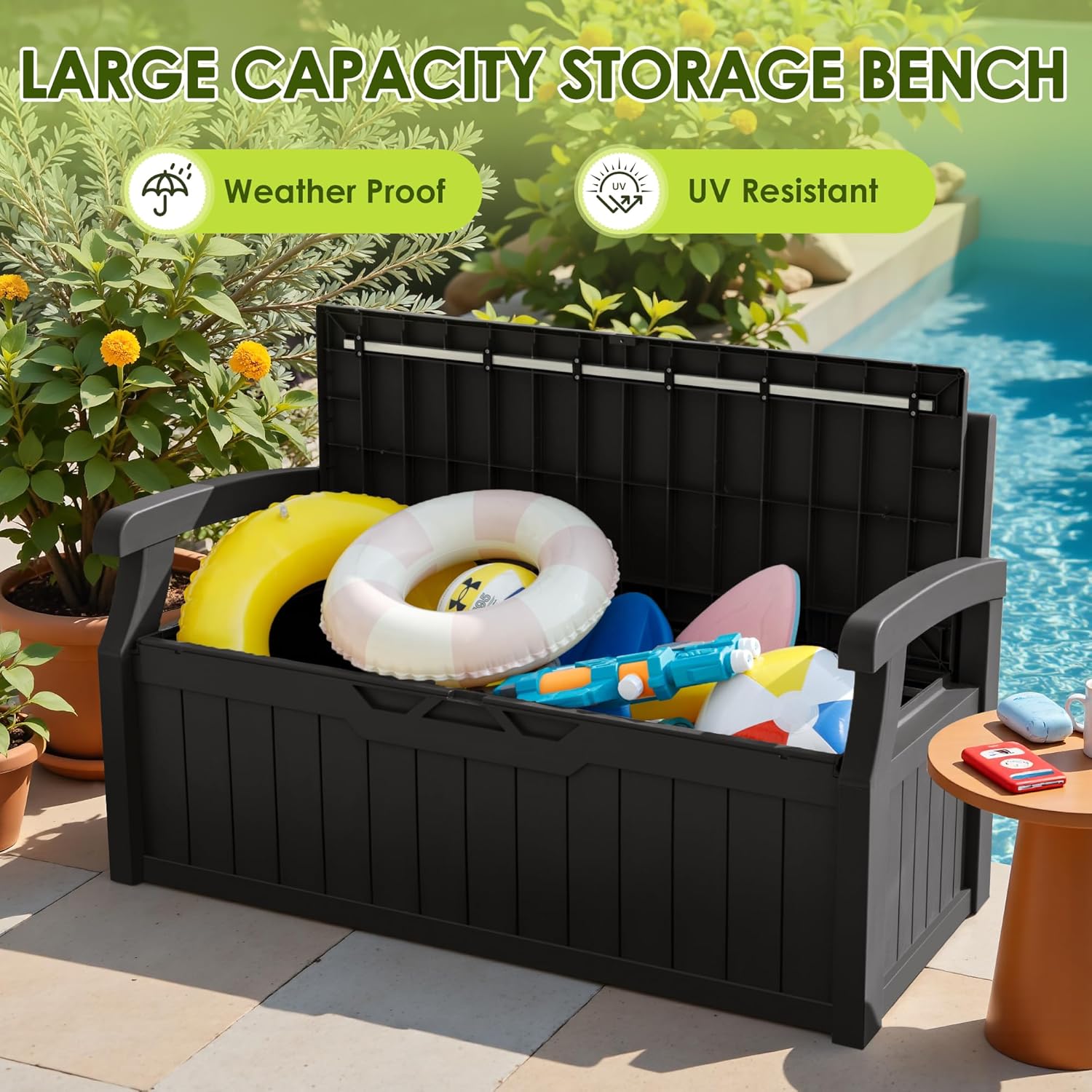 Greesum 80 Gallon Outdoor Storage Bench, Weather-Resistant Deck Box, Patio Furniture Bench for Backyard, Garden, Porch, Large Capacity Seat for Pillows Cushions Patio Accessories, Dark Black