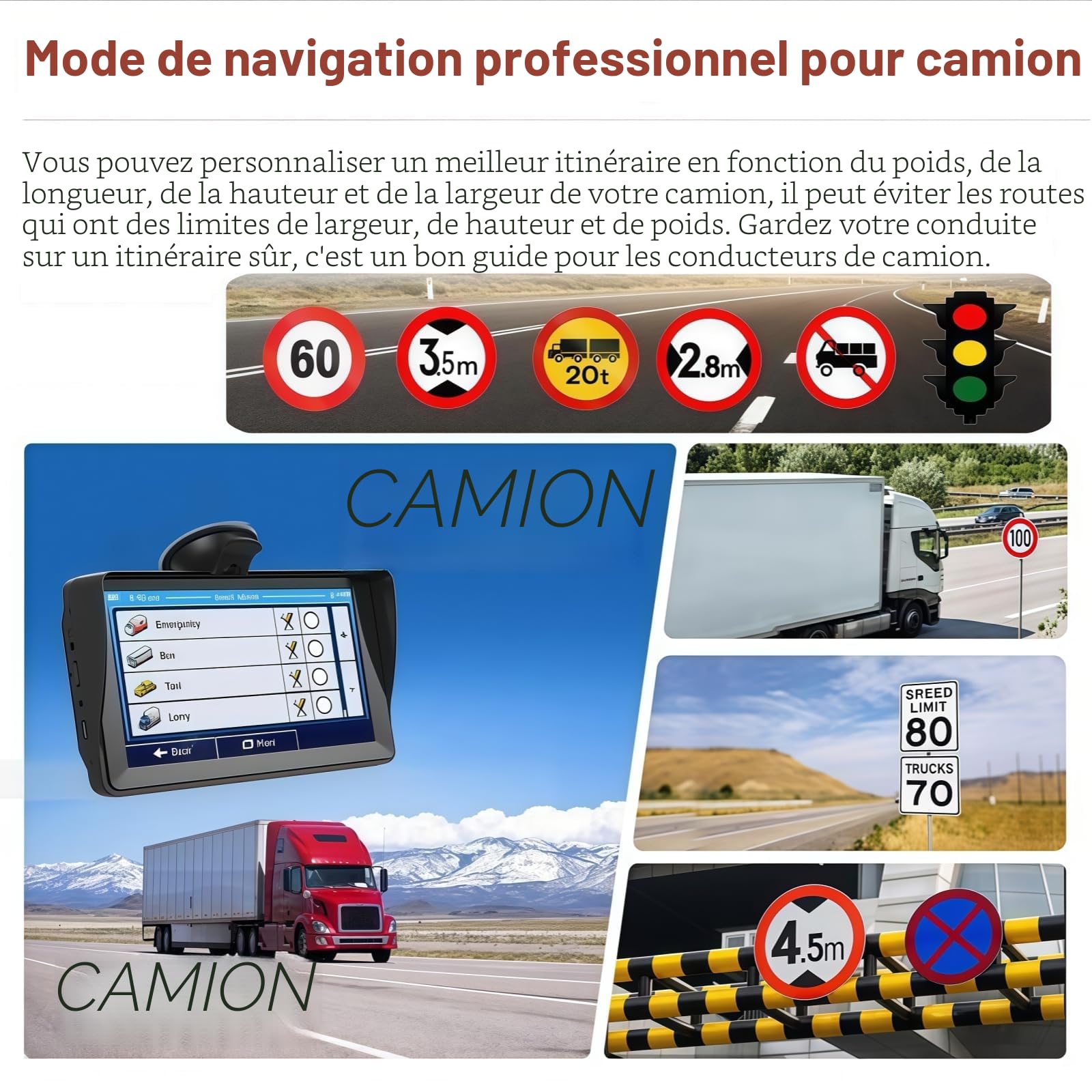 Navigateur GPS, écran tactile 7 pouces Navigation GPS pour voiture, camion, camping-car, avec informations trafic, carte de l'Europe 2025, mises à jour gratuites à vie, guidage vocal en temps réel