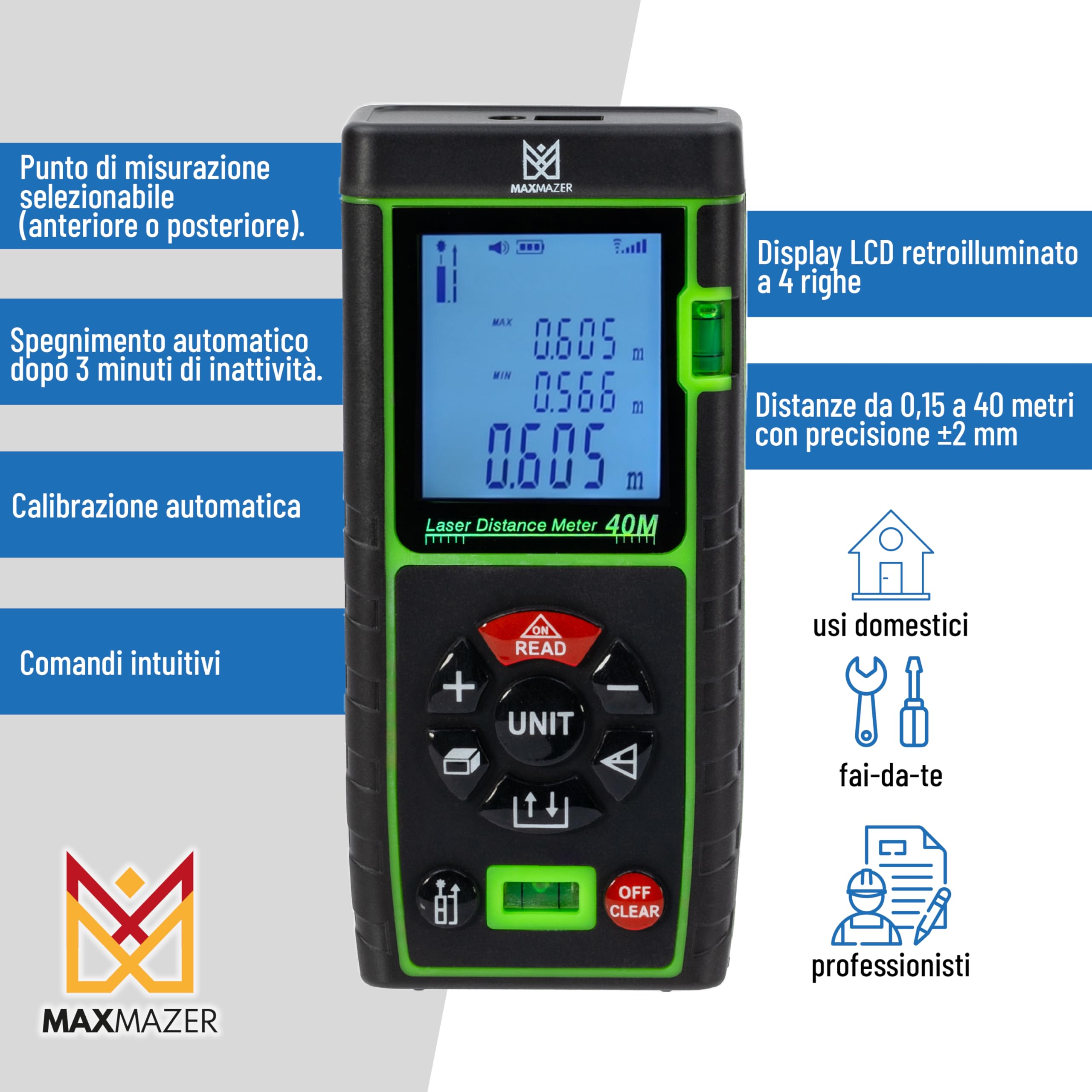 Metro Laser Professionale 40 m con Livella Integrata, Misuratore di Distanza Laser IP54, Telemetro Digitale Preciso e Robusto per Edilizia, Casa e Fai-da-Te