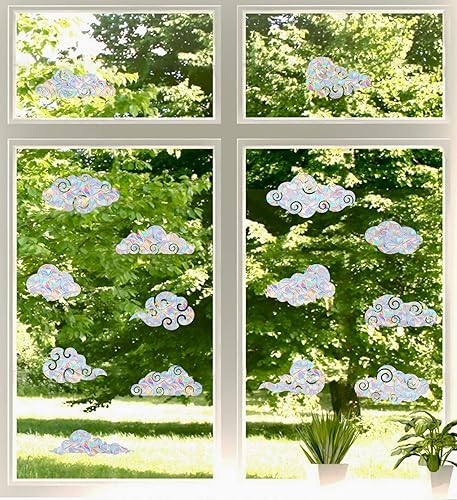 Miniatura 4 de AREAWA Rainbow Cloud - Calcomanías de vinilo no adhesivas para ventana, 18 unidades, disuasorio de golpe de pájaro, calcomanías de arcoíris para