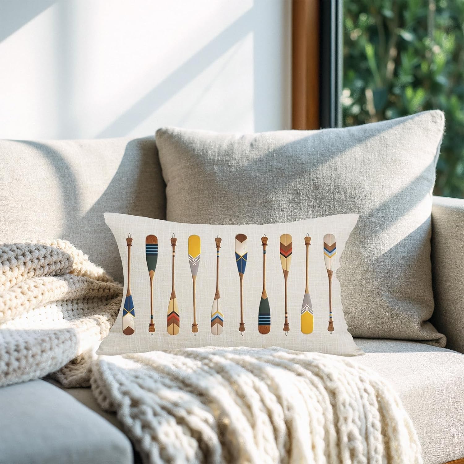 Watercolor Yellow Brown Oar Paddle Summer Decorative Lumbar Pillowcase Throw Pillow Cover Case Chair Sofa Bed Home Decoration Cotton Linen Rectangular 12 x 20 Inches (Pack of 2)