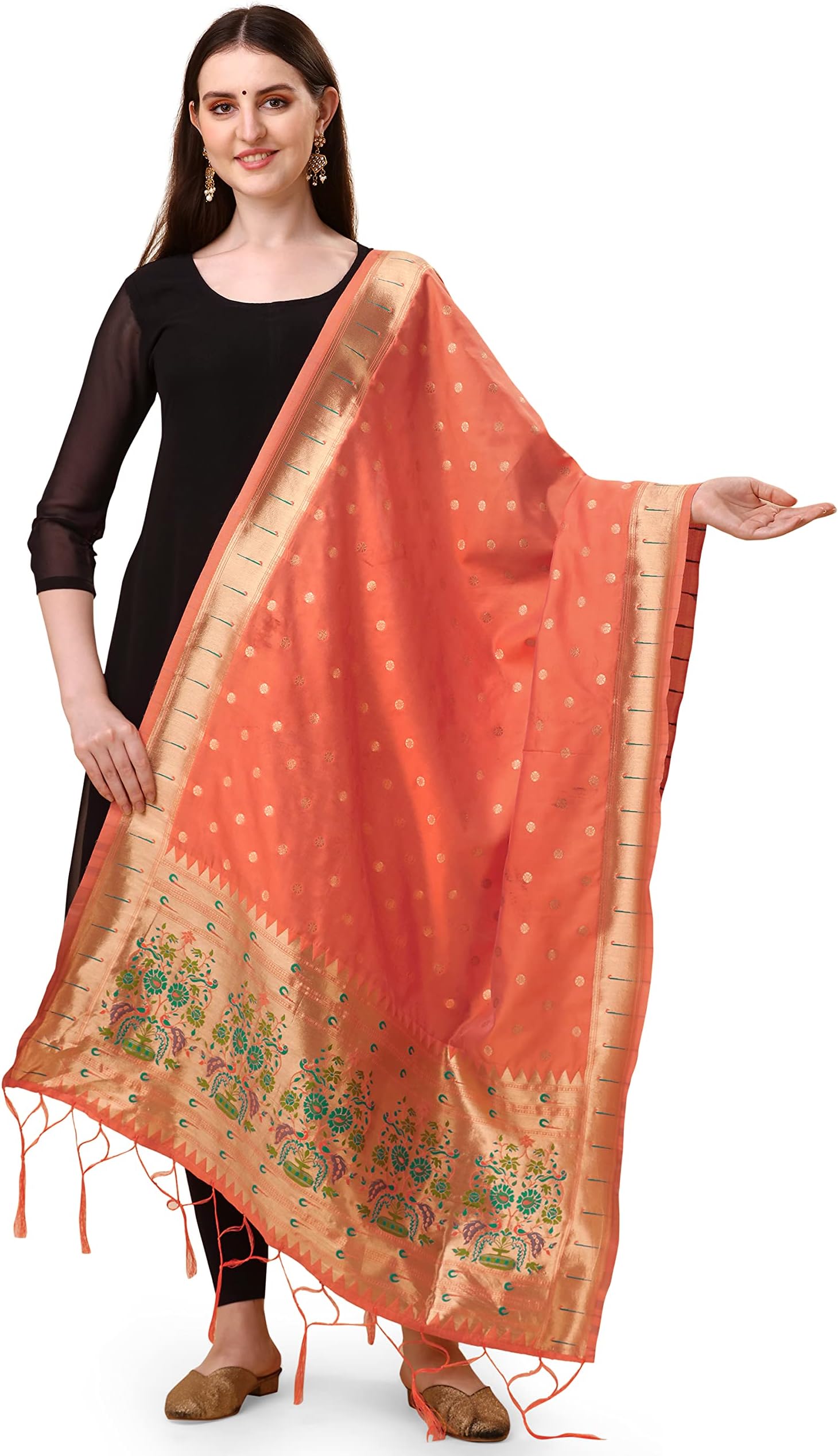 DEVANGI Women's Woven Paithani Banarasi Silk Dupatta/Chunni For Women, Animal Print 1 Meter Wide and 2.3 Meter Length Printed Designer Dupatta/Chunni For Girls
