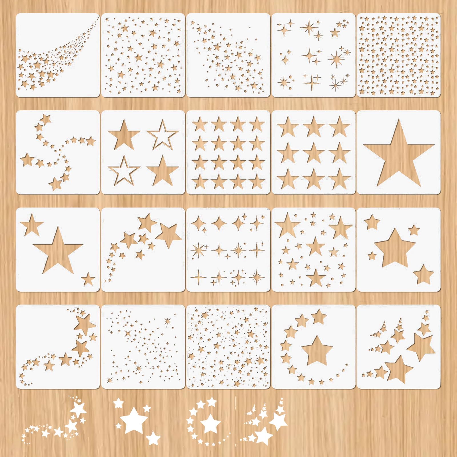 20 PCS Reusable Star Stencils for Crafts, PET Painting Templates 13 x 13 cm, Small Star Stencil Set for Wall, Wood, Fabric, Paper and Furniture, DIY Art, Home Decor, Signs, Drawing and Craft Projects