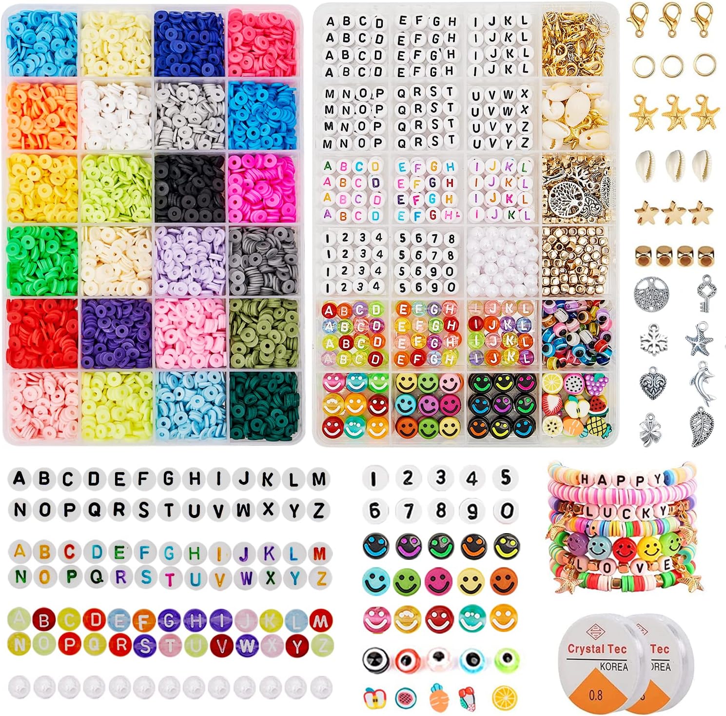7200 Pcs Clay Beads for Bracelets Making, Flat Round Clay Spacer Beads with Smiley Face Beads, Letter Beads, Pendants, Clay Beads Charms Kit for DIY Jewelry Making Bracelet Necklace Kit, 24 Colors 6mm