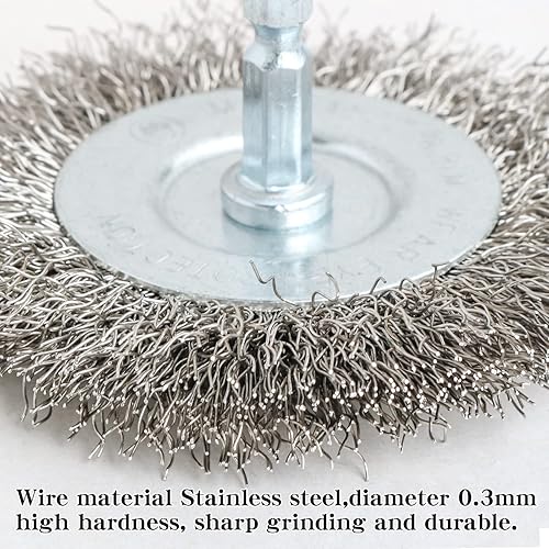 Miniatura 9 de Hiqalty 10 cepillos de rueda de alambre de acero inoxidable de 3 pulgadas para taladro con vástago hexagonal de 14 pulgadas (10)