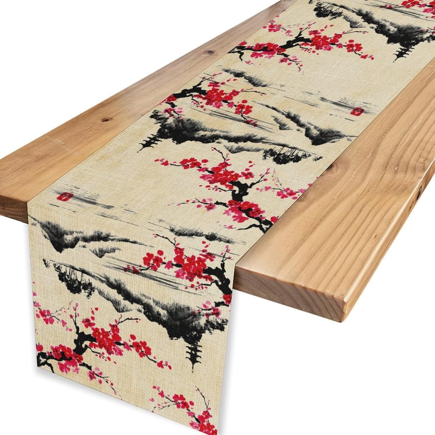 Japanese Table Runner, Red Cherry Blossom Asian Ink Painting Landscape Anime Nature Oriental Table Center Decor for Home Kitchen Dining Patio Indoor Outdoor Farmhouse Table Decorations, 13" X 108"