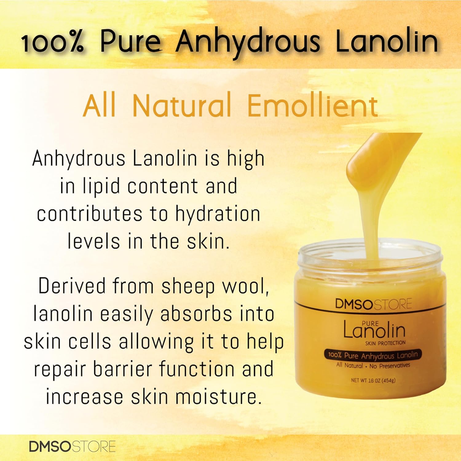 DMSOSTORE Lanolin - 100% Pure Unrefined, Raw, Anhydrous, USP Grade Skin Protectorate and Moisturizer- Single Ingredient (2 lbs)