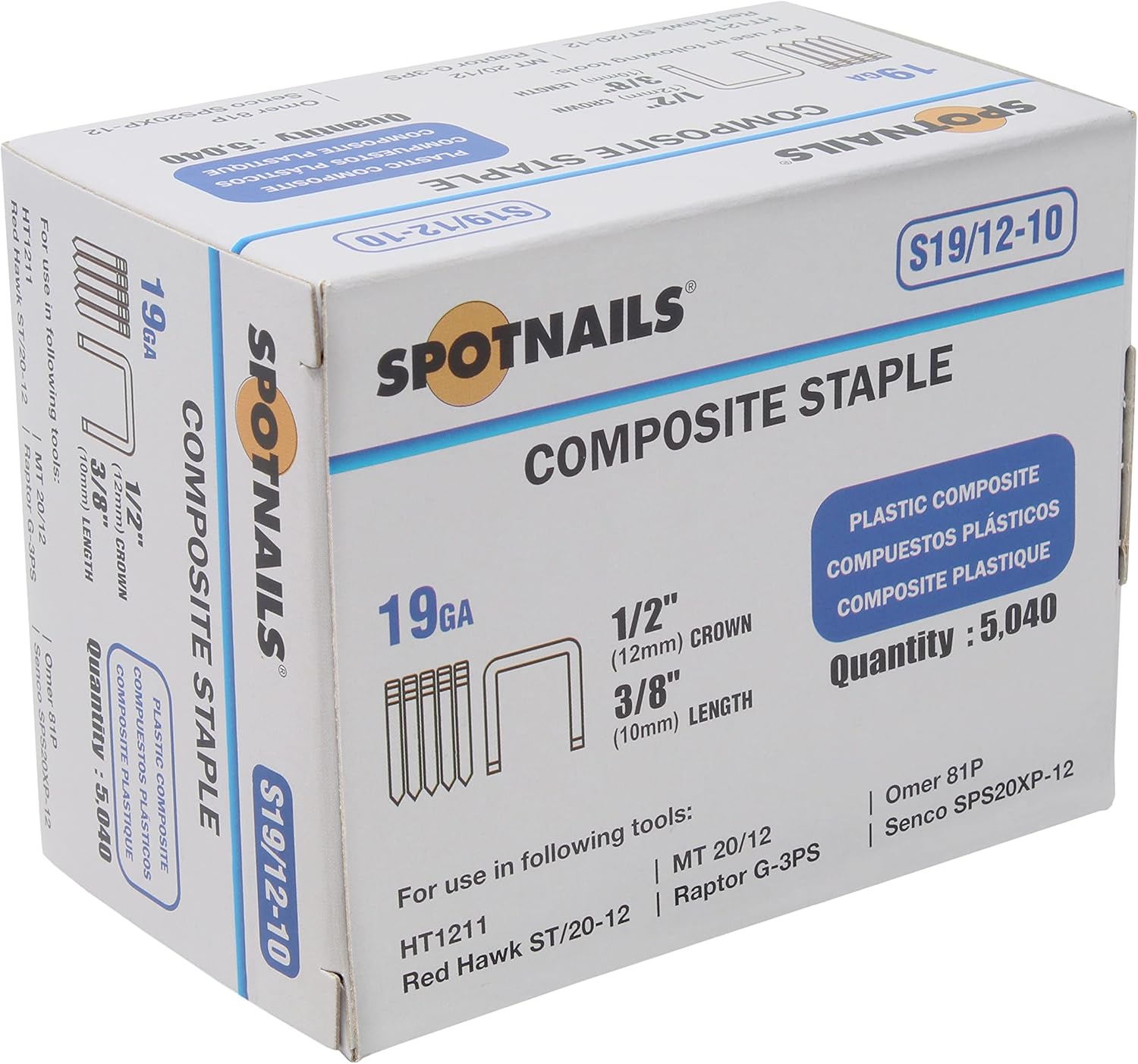 Spotnails S19/12-10 19GA 1/2" Crown x 3/8" Leg Composite Staples 5040 Count