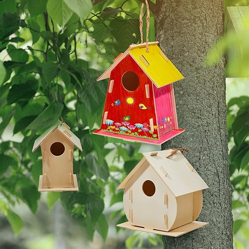Miniatura 5 de Juego de 42 juegos de casa de pájaros para construir y pintar, incluye casa de pájaros de madera sin terminar, tiras y bolígrafos de pintura