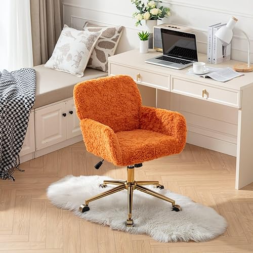 Miniatura 11 de Goujxcy Silla de oficina, silla de oficina en casa con base de metal dorado, silla de escritorio ajustable, silla de oficina giratoria, silla de