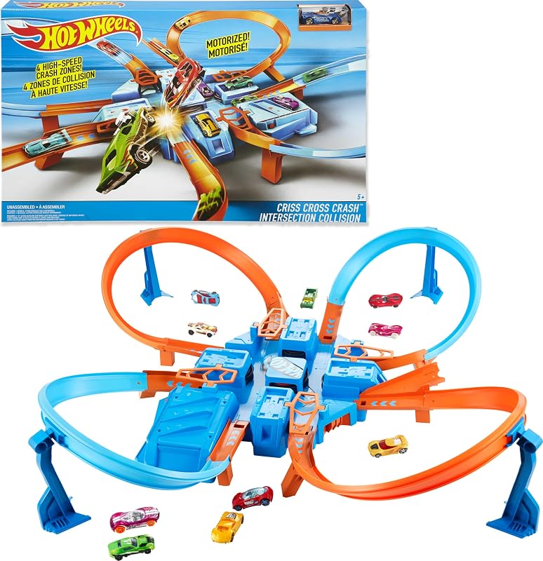 Track Set with 1:64 Scale Toy Car, 4 Intersections for Crashing, Powered by a Motorized Booster, Criss-Cross Crash Track (Amazon Exclusive) | Playset with 1:64 Scale Toy Car &4 Intersections for Crashing, Powered by a Motorized Booster (Amazon Exclusive)
