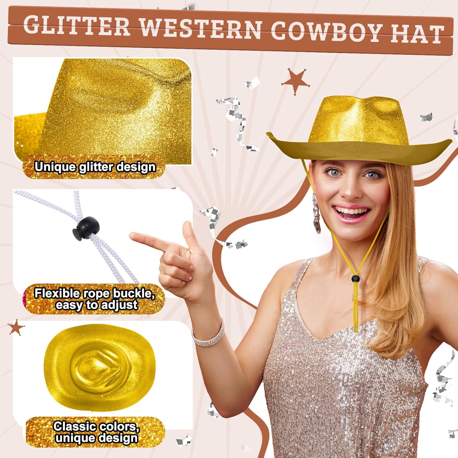 Shyyween 24pcs Sparkly Western Cowgirl Hats for Adult Bulk Glitter Cowboy Hat Adjustable for Men Women Bachelor Western Party
