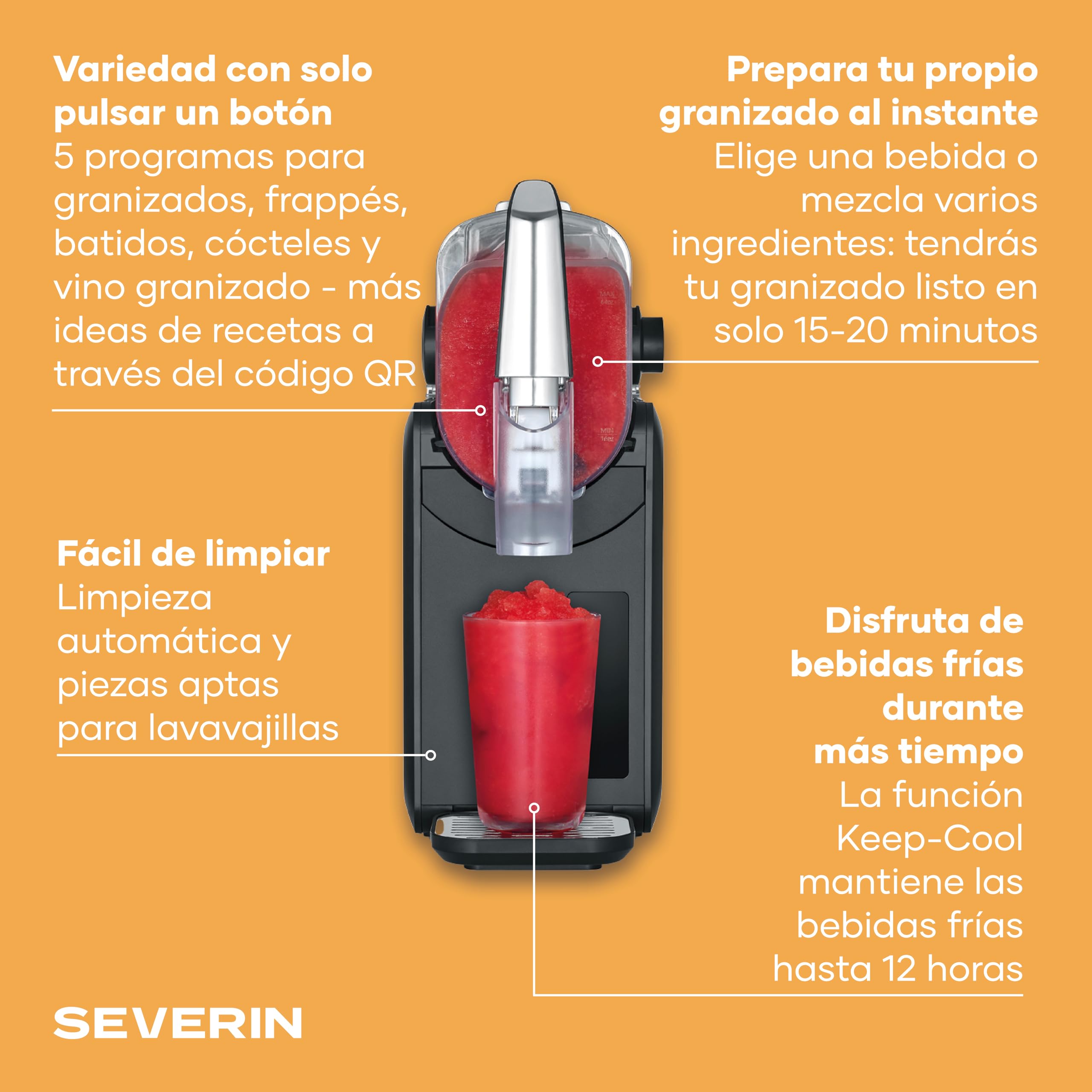 Severin S-Slush, máquina de granizados para uso doméstico, 5 programas, cócteles helados, frappés, batidos, sin hielo, autolimpieza, en solo 15 minutos, 2 l, negro, plateado, acero inoxidable, EZ 9520