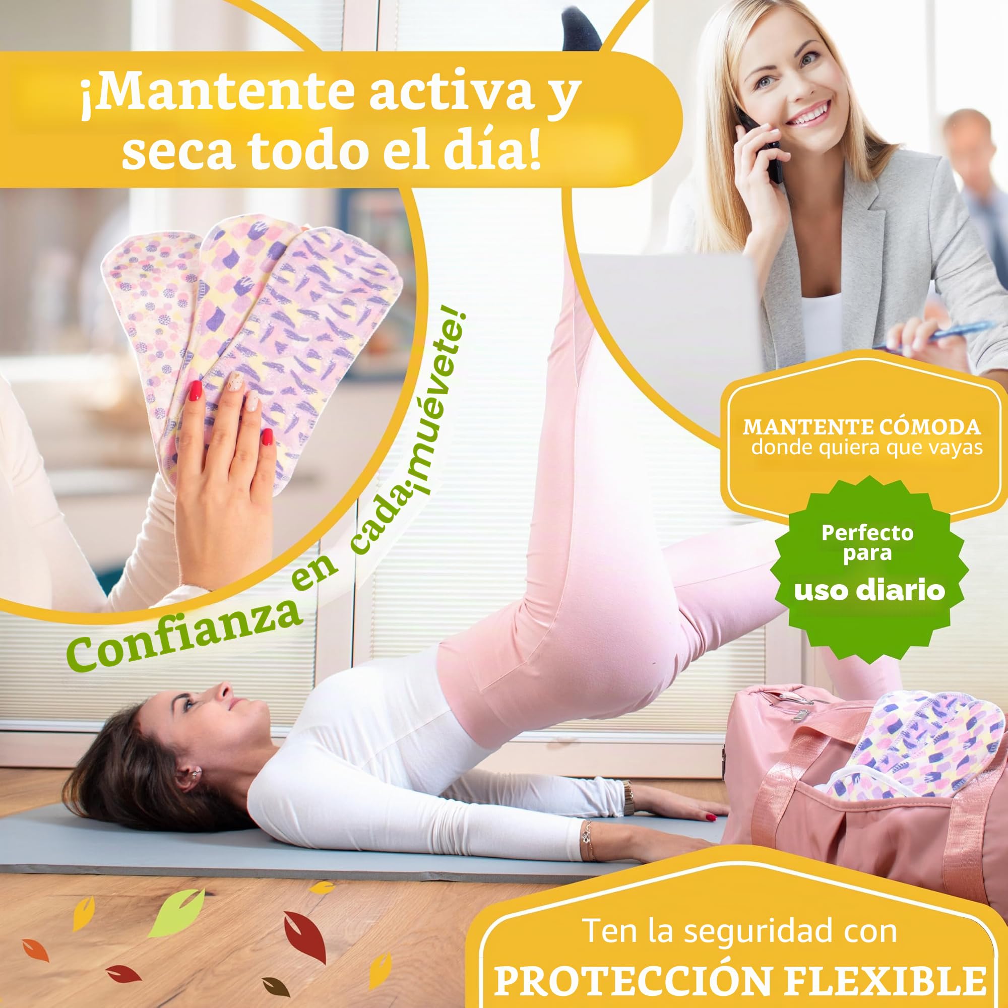 Salvaslip reutilizables antideslizantes en bambú orgánico para flujo blanco (S, 7 uds.); lavables a alta T°, 100% transpirables, salvaslip de tela sin olores, protección femenina diaria (sin PUL)