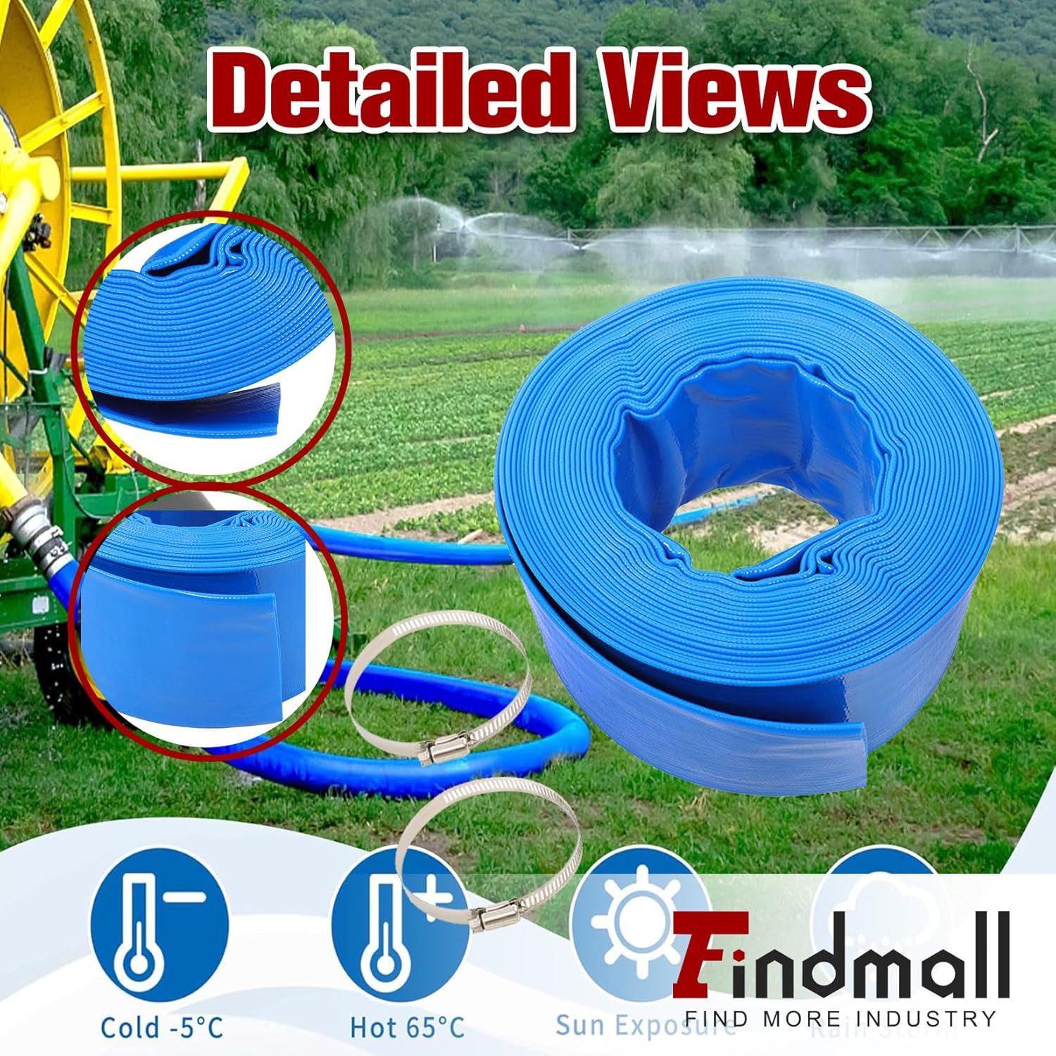 findmall 2 x 50 FT Pool Backwash Hose Heavy Duty Drain Discharge PVC Layflat Hose with 2 Clamps, Irrigation Hose Weatherproof Burst for Water Transfer, Pool Drain