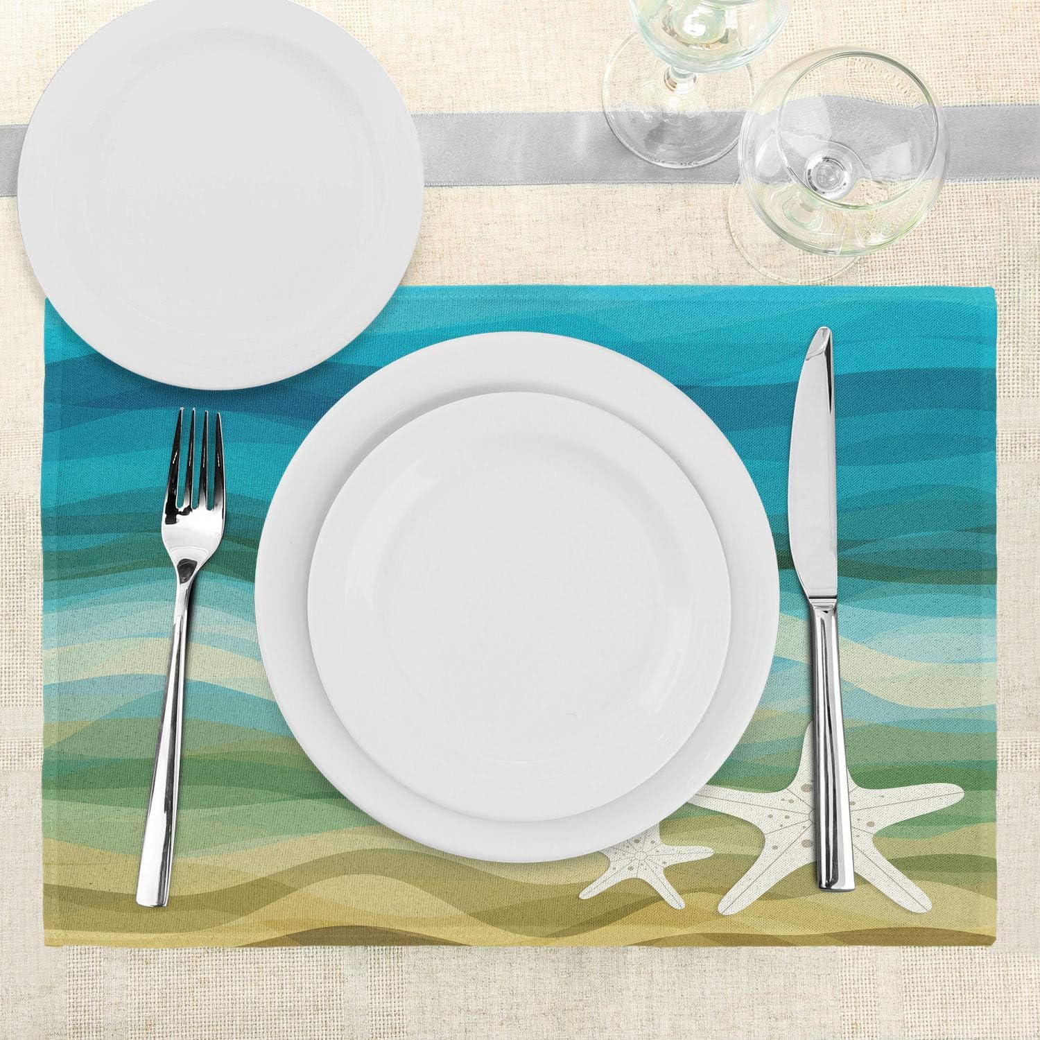 Ambesonne Abstract Place Mats Set of 4, Abstract Design Modern Illustration of Waves Starfish Sandy Beach Aquatic Theme, Washable Fabric Placemats for Dining Room Kitchen Table Decor, Blue Beige