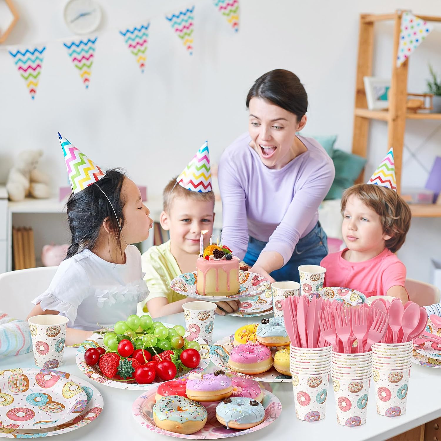 Ziliny 350 Pcs Donut Grow up Party Supplies Tableware Set Disposable 9'' 7'' Paper Plates 9 oz Cups Cutlery Napkins Dinnerware Set for 1st Birthday, Serve 50 (Donut Grow Up, Macron Color)