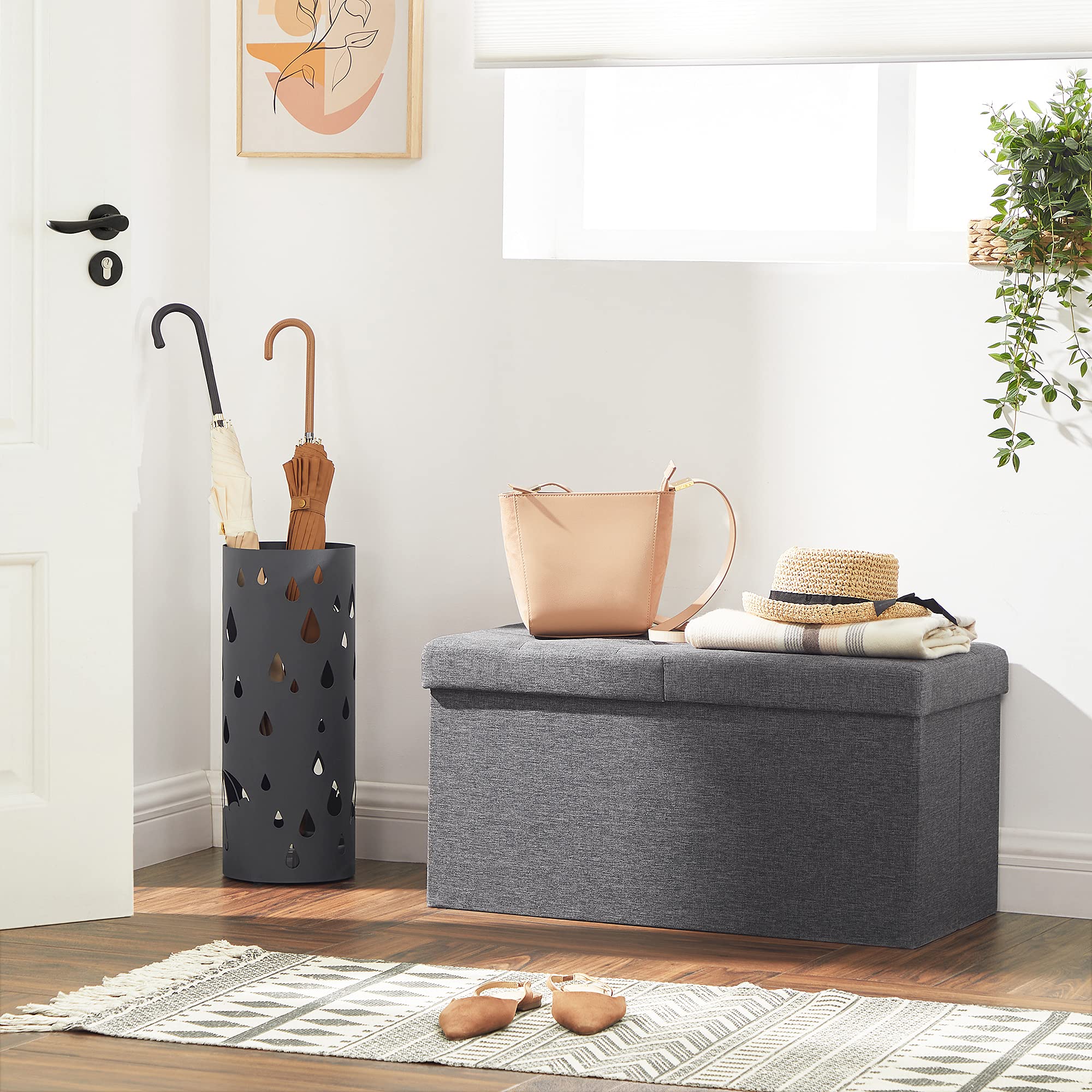 SONGMICS Sitzbank mit Stauraum, 2er Set, Sitztruhe mit Klappdeckel, Aufbewahrungsbox, faltbar, max. statische Belastbarkeit 300 kg, 80 L, 38 x 76 x 38 cm, Leinenimitat, dunkelgrau LSF423G02
