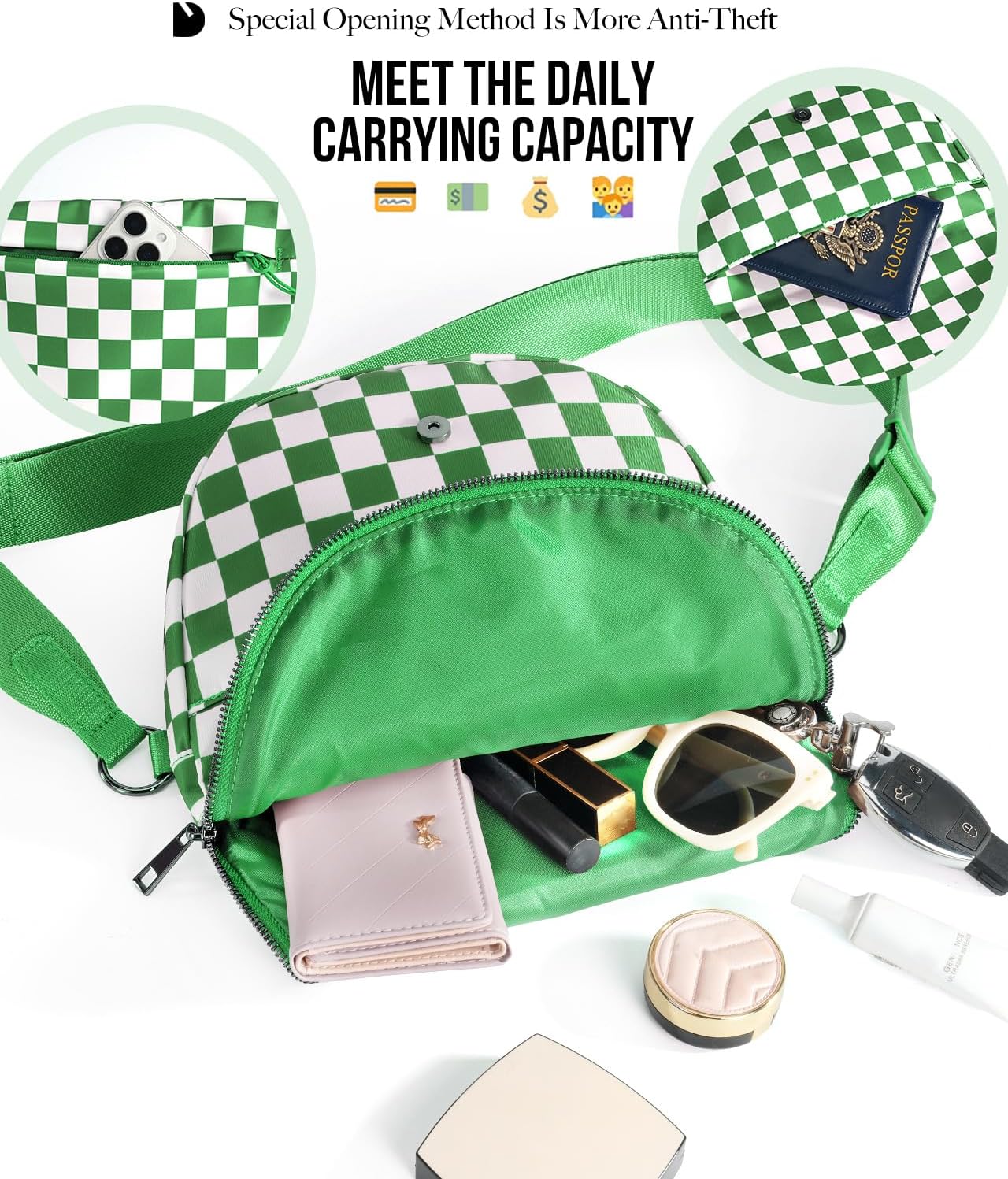 Checkered Crossbody Messenger Bag, Black and White Pattern, Adjustable Shoulder Strap - Image 3