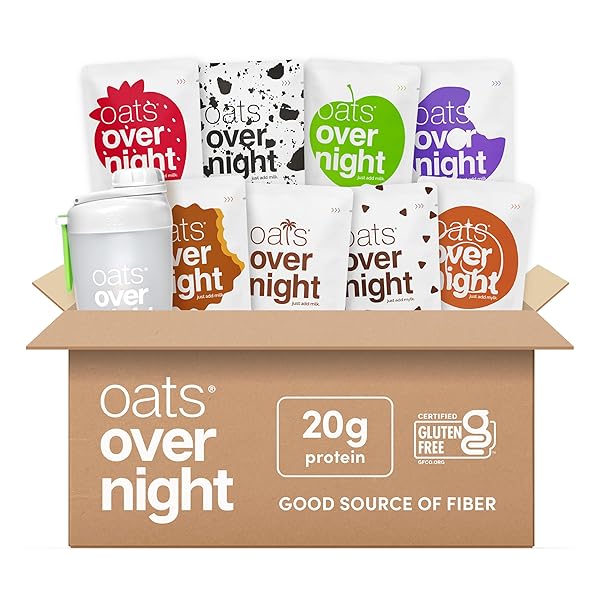 Oats Overnight Party Variety Pack - High Protein, High Fiber Breakfast Protein Shake - Gluten Free Oatmeal, Non GMO Oatmeal - Cookies & Cream, Coconut Cream Pie & More Flavors (8 Pack + Shaker Bottle)