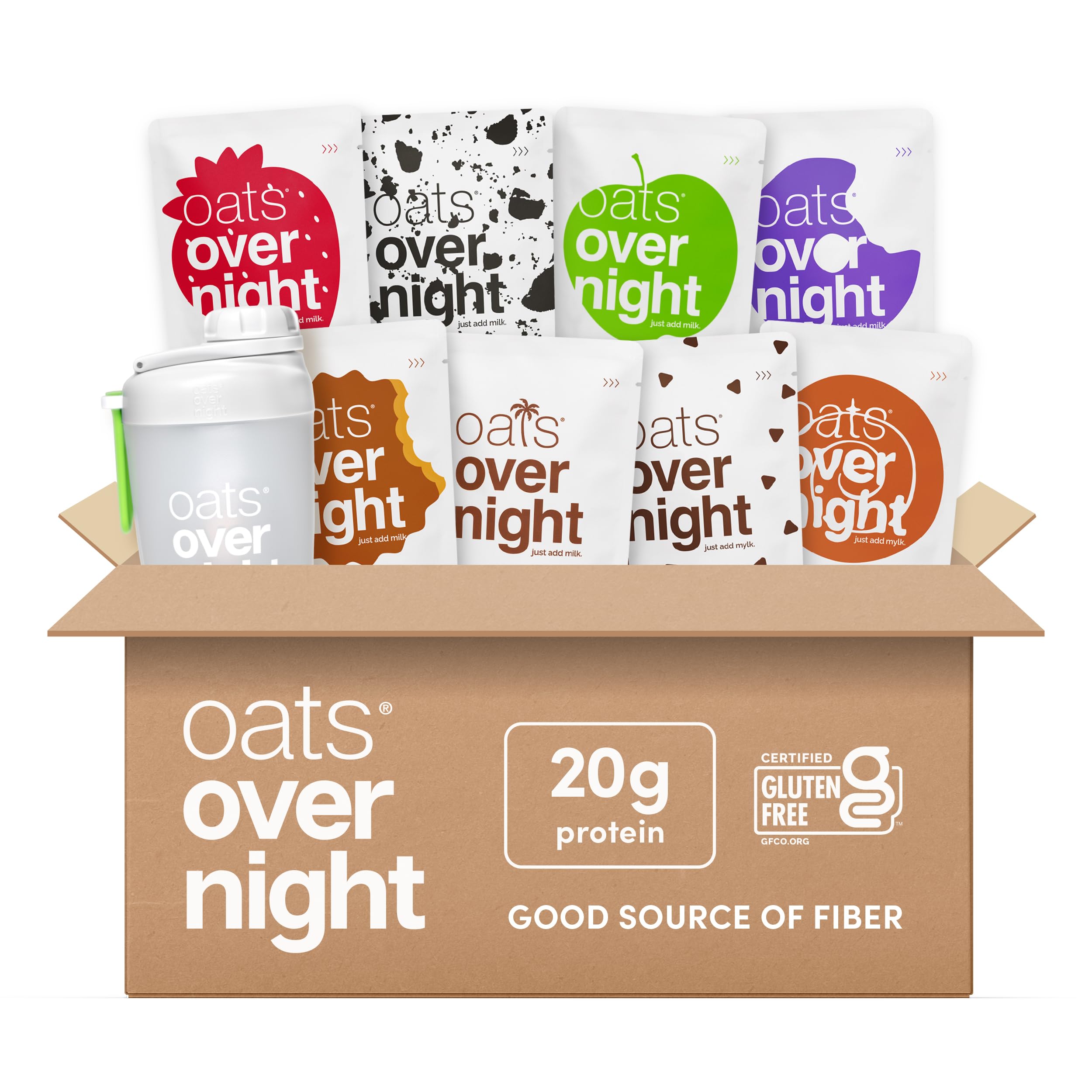 Oats Overnight Party Variety Pack - High Protein, High Fiber Breakfast Protein Shake - Gluten Free Oatmeal, Non GMO Oatmeal - Cookies & Cream, Coconut Cream Pie & More Flavors (8 Pack + Shaker Bottle)