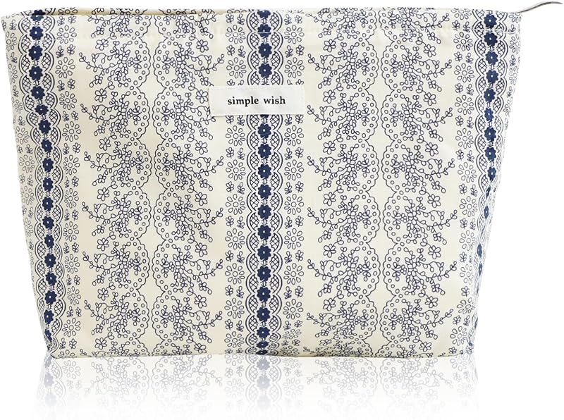 Necessaire de maquiagem Wudygirl floral azul-marinho com zíper, 26,67 x 19,05 cm
