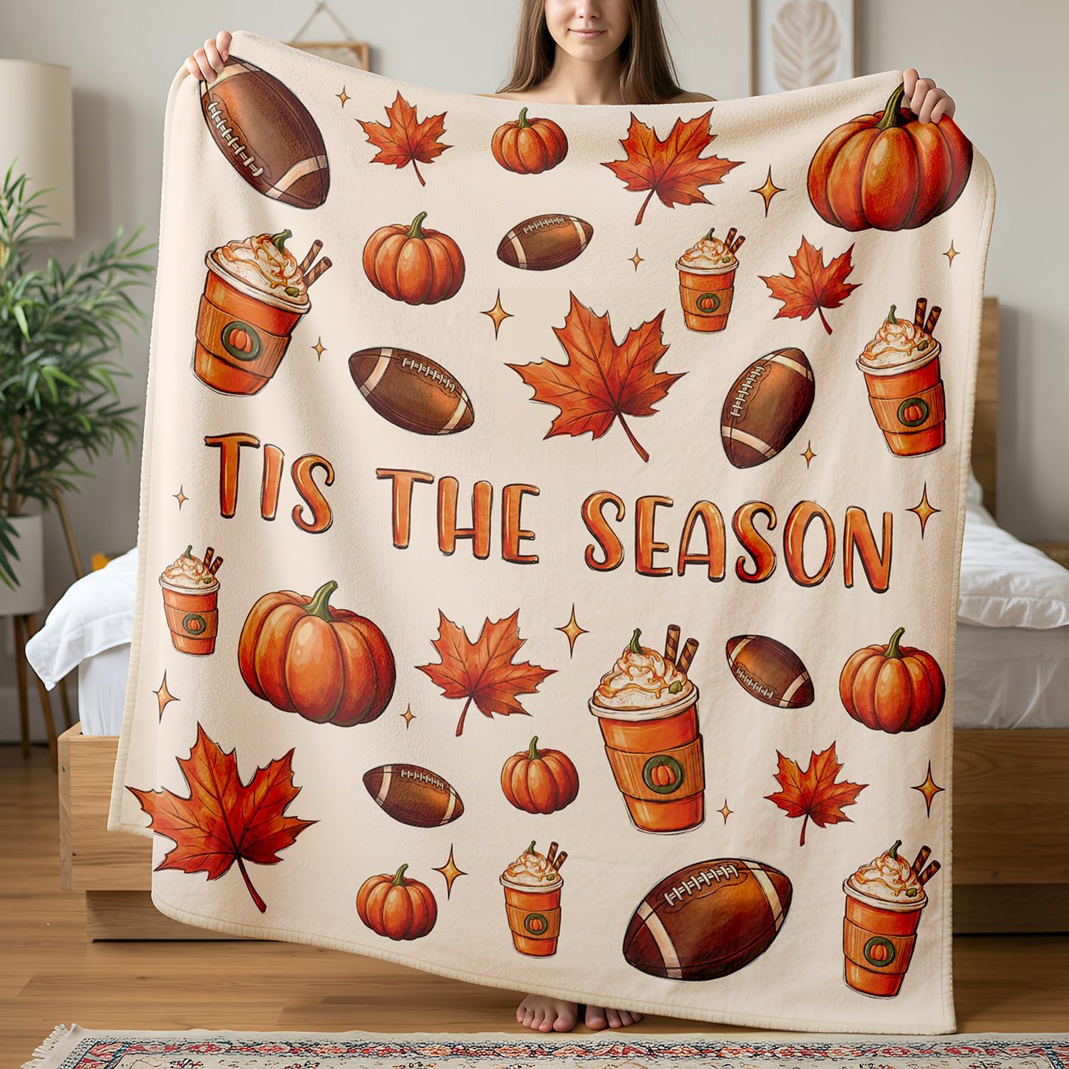 tineit Fall Football Blanket, 50x60in Fall Blanket with Football Design