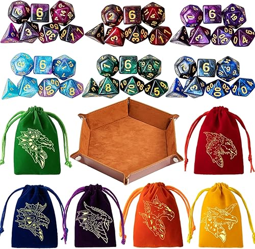 Vista 13 de DND - Juego de 42 dados poliédricos de Calabozos y Dragones para juegos de mesa D&D RPG MTG, dados a granel con coloridas bolsas de cordón y bandeja