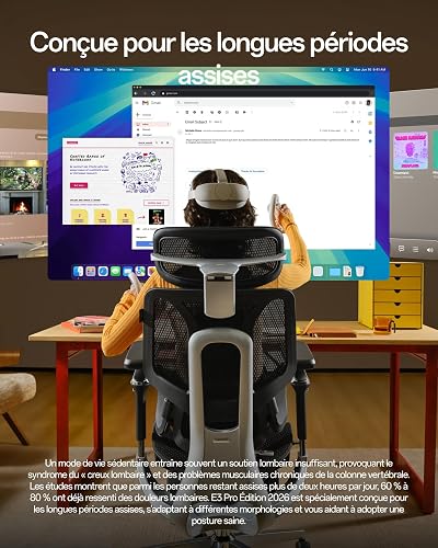 Hbada E3 Pro Édition 2026 Fauteuil de Bureau Ergonomique, Support Lombaire Dynamique 3 Zones, Accoudoirs 720°, Certifié IGR/BIFMA, Idéal Mal de Dos & Télétravail (Noir, avec Repose-Pieds) - 7