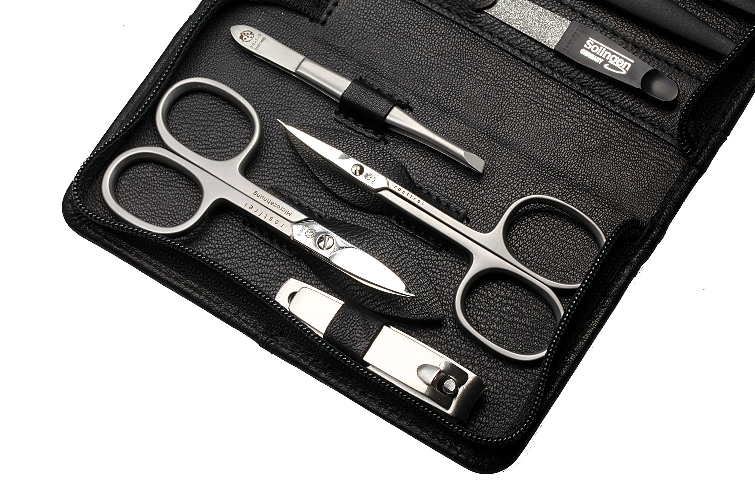 Sonnenschein by Hans Kniebes – Maniküre Set 9-teilig – Nagelschere, Hautschere, Knipser, Pinzette, Feile, Nagelhautdrücker, Nagelreiniger/-messer, Hufstab – Maniküre-Etui aus Nappa-Schafleder Schwarz