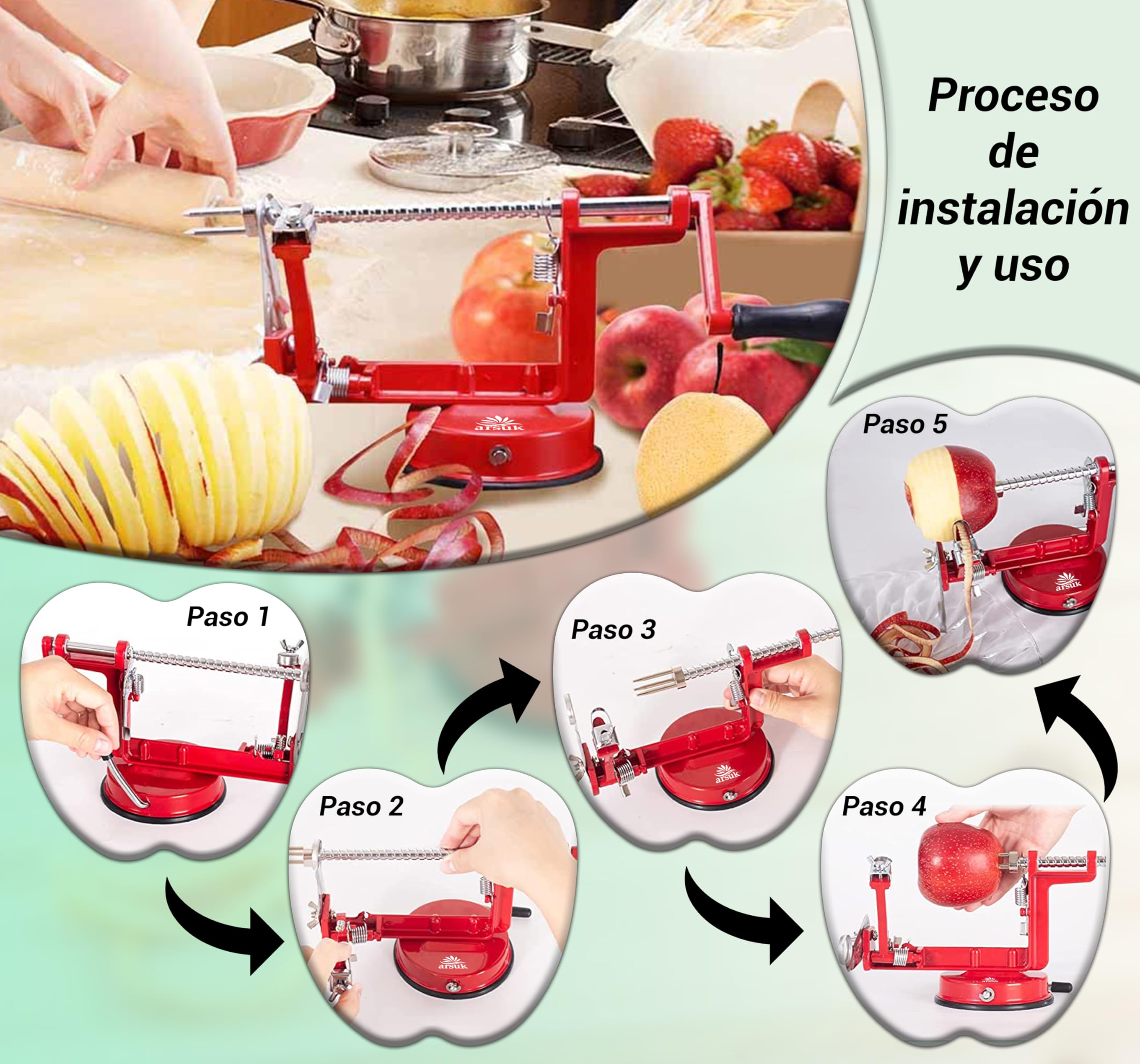 ARSUK 3 en 1 Pelador de Manzanas Manual con Cuchillas de Repuesto, Acero Inoxidable Ajustable