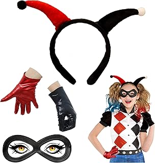 Tuoyi The Joker Halloween Costume, Red and Black Headband, PU Black Eye Mask, Black and Red gloves for Masquerade Party