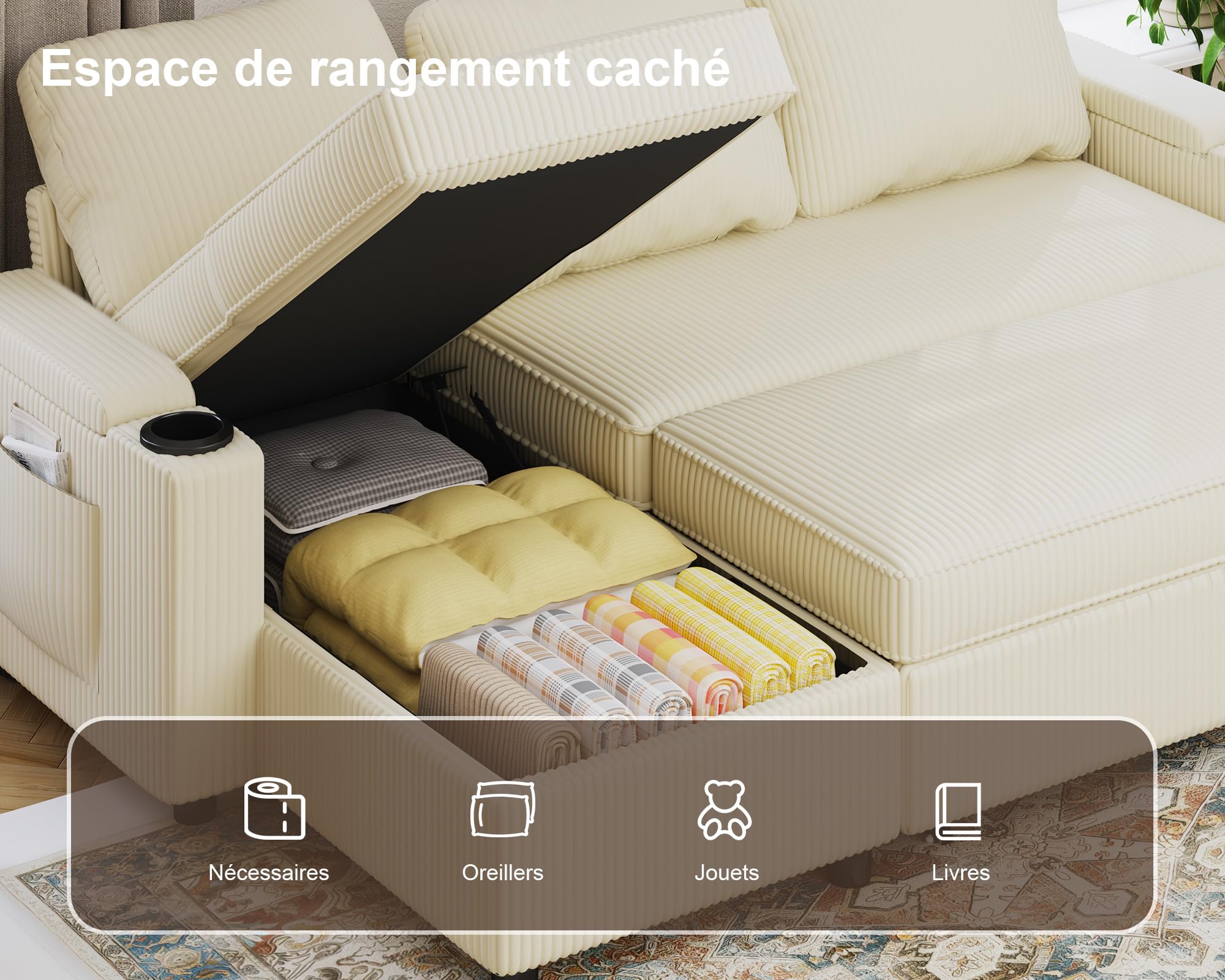 Devoko Canape Dangle Convertible, Canapé Convertible avec Rangement et Méridienne Réversible, Multifonctionnel Canape 3 Places Canapé Lit avec Accoudoirs pour Salon et Petit Appartement,Beige