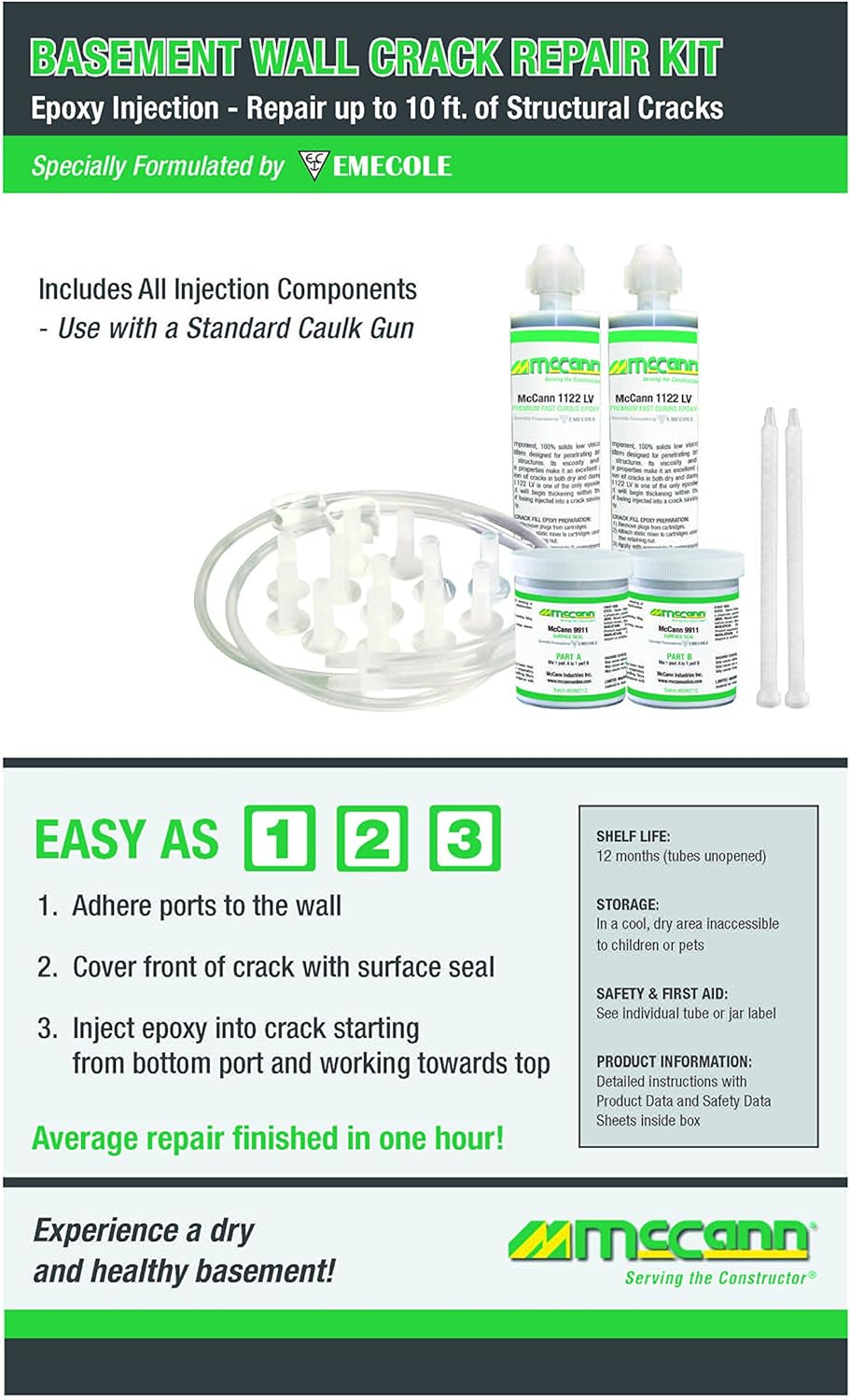 Basement Wall Crack Repair Kit, 5-10 ft, Epoxy